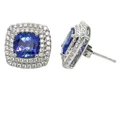 Tanzanite and Diamond Cushion Stud 18KW Gold Earrings