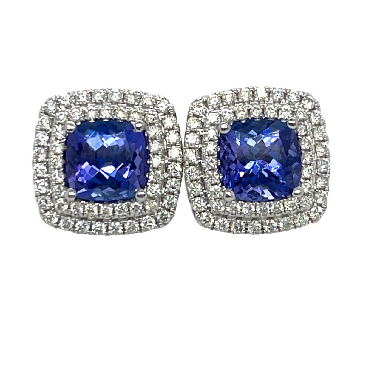 Women's or Men's Tanzanite and Diamond Cushion Stud 18KW Gold Earrings For Sale