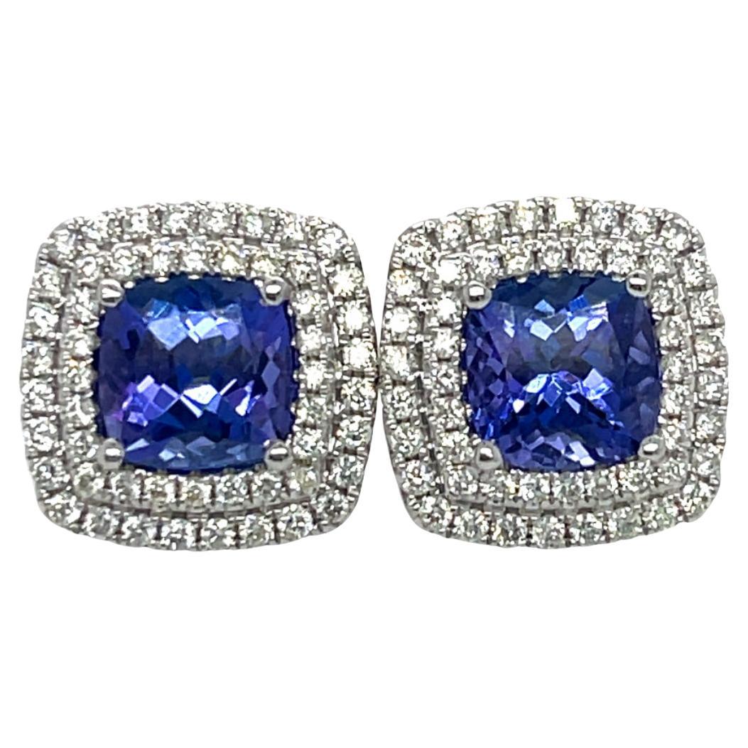 Tanzanite and Diamond Cushion Stud 18KW Gold Earrings For Sale