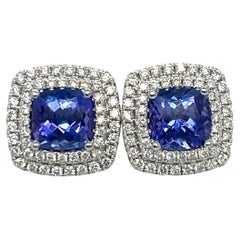 Tanzanite and Diamond Cushion Stud 18KW Gold Earrings