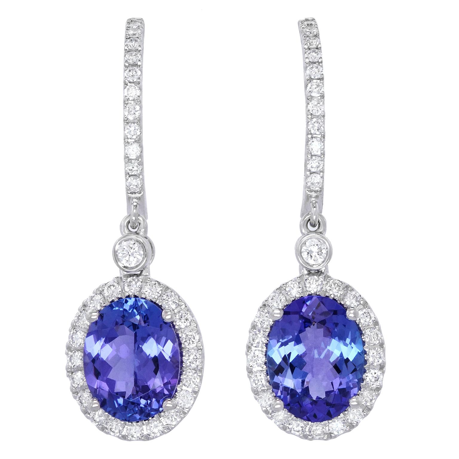 Oval Cut Tanzanite and Diamond Drop Earrings For Sale