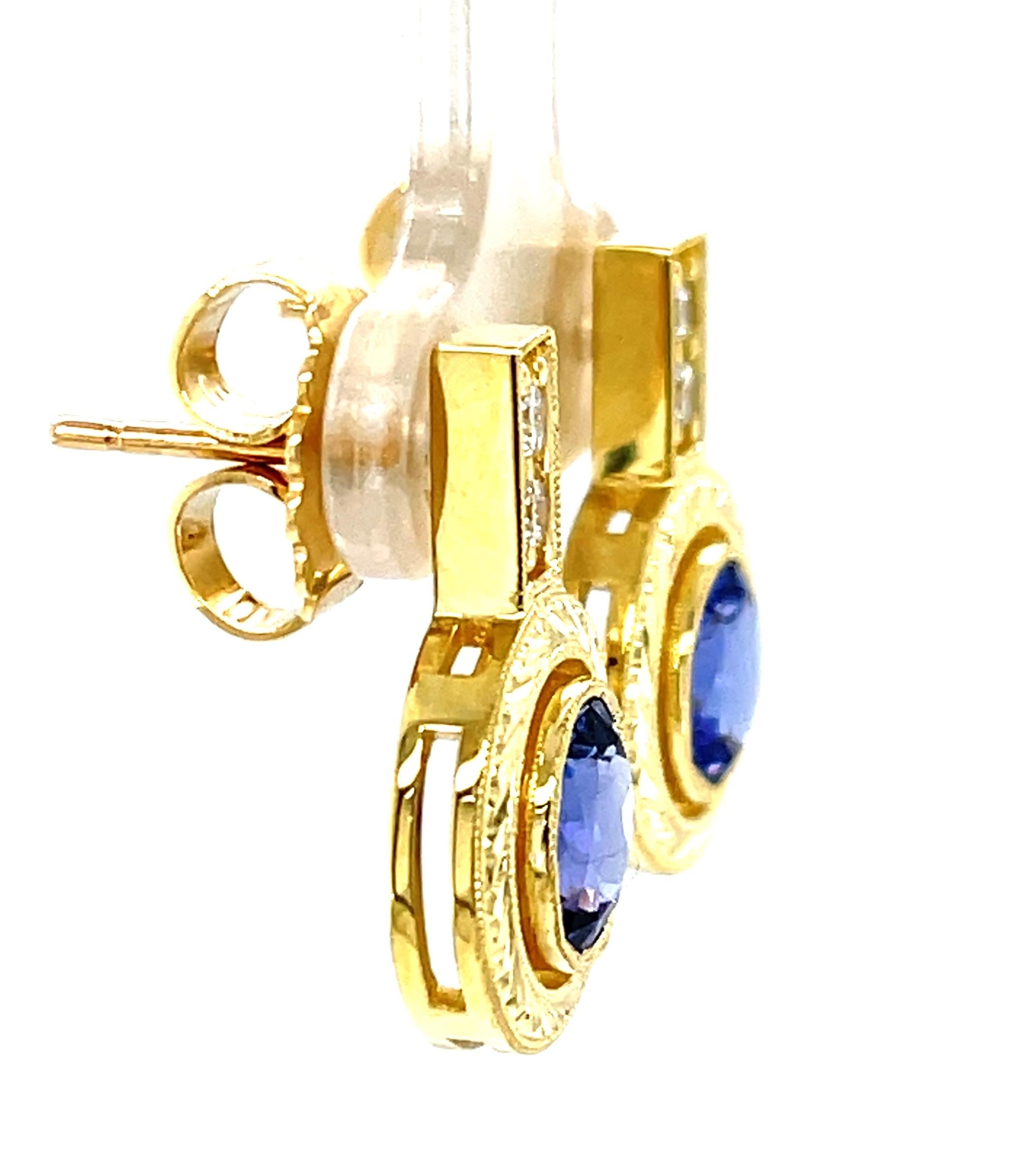 Artisan Tanzanite and Diamond Drop Earrings in 18k Yellow Gold, 2.94 Carats Total For Sale