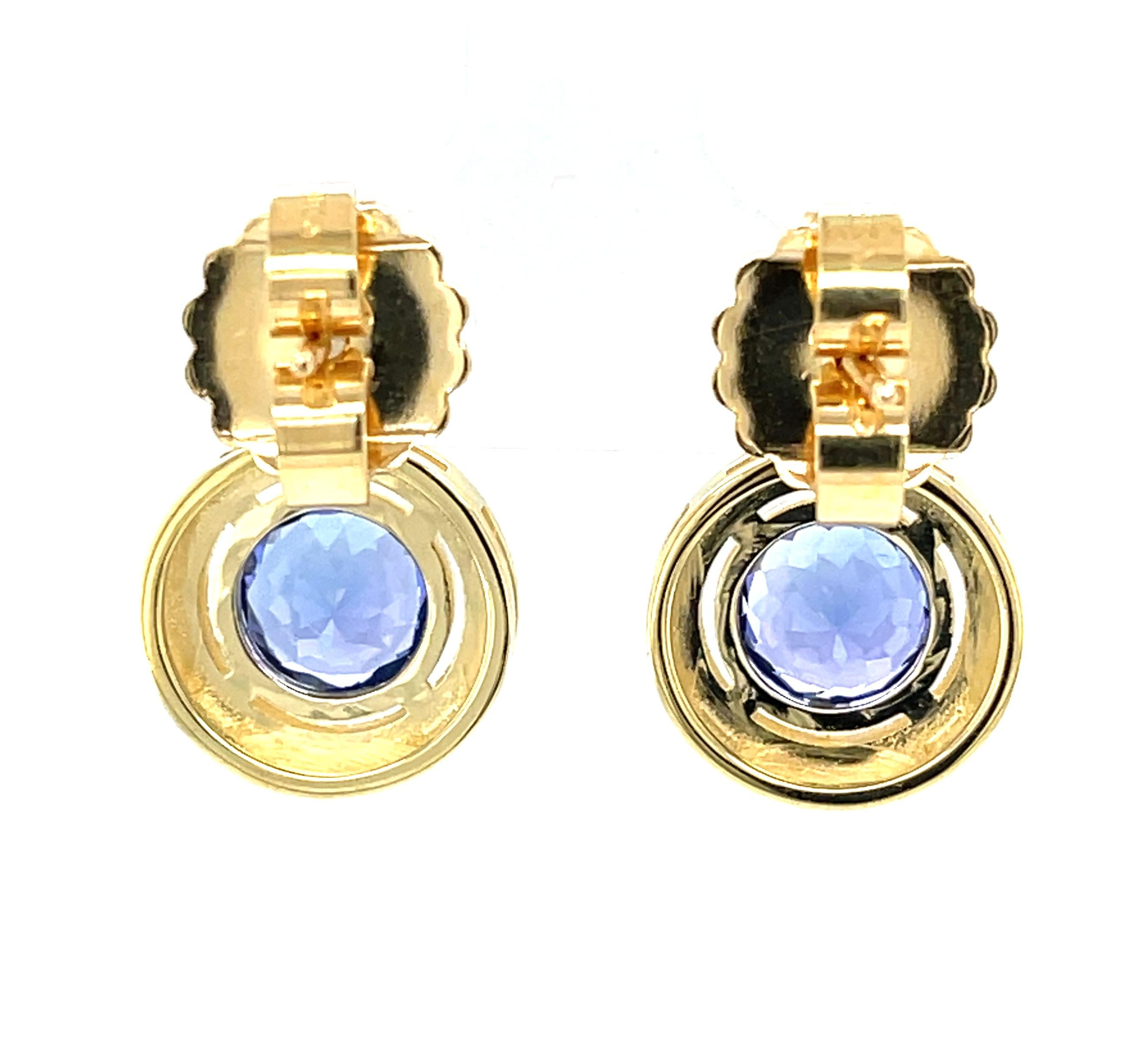 Round Cut Tanzanite and Diamond Drop Earrings in 18k Yellow Gold, 2.94 Carats Total For Sale