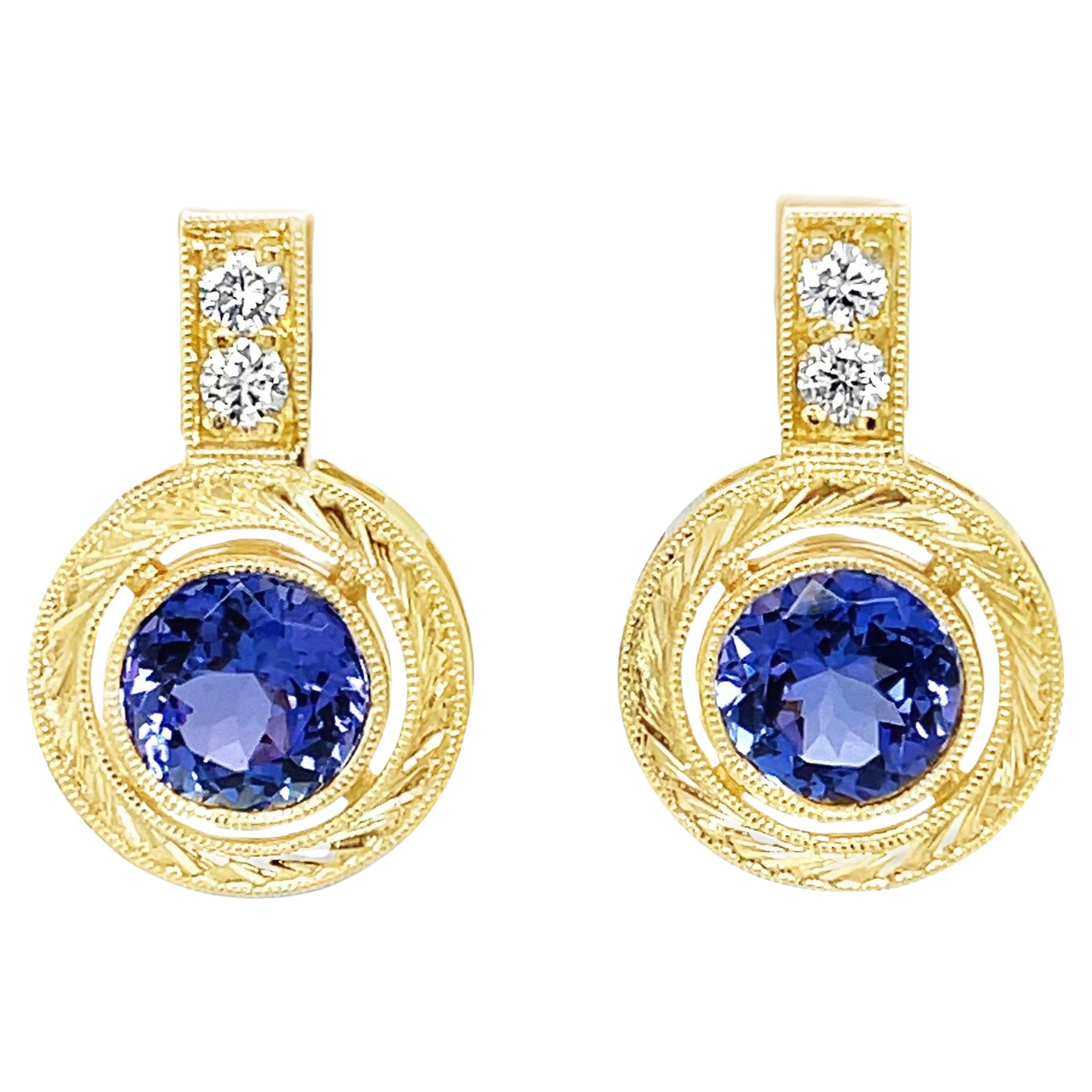 Tanzanite and Diamond Drop Earrings in 18k Yellow Gold, 2.94 Carats Total