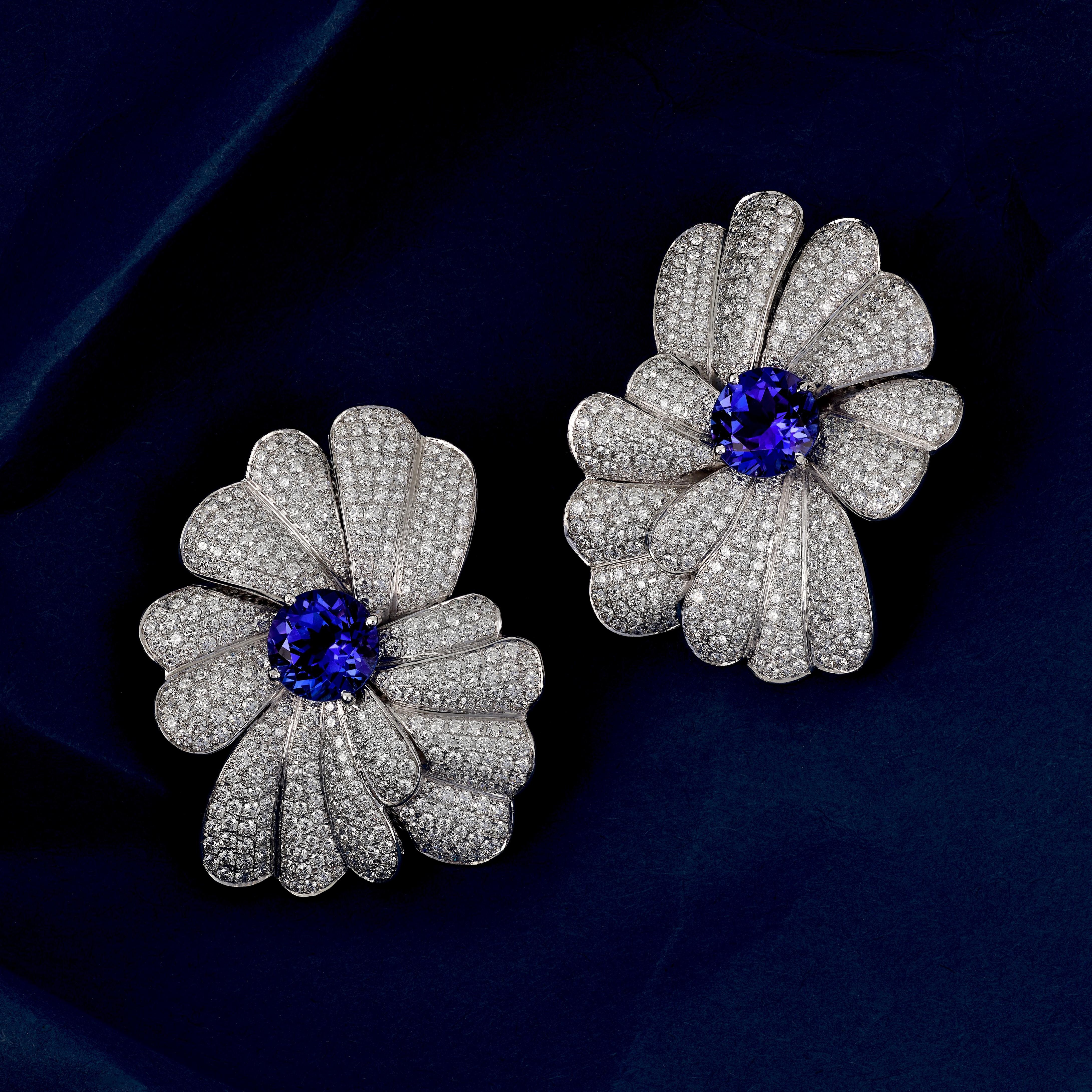 Contemporary Tanzanite and Diamond Drop Earrings set in White Gold