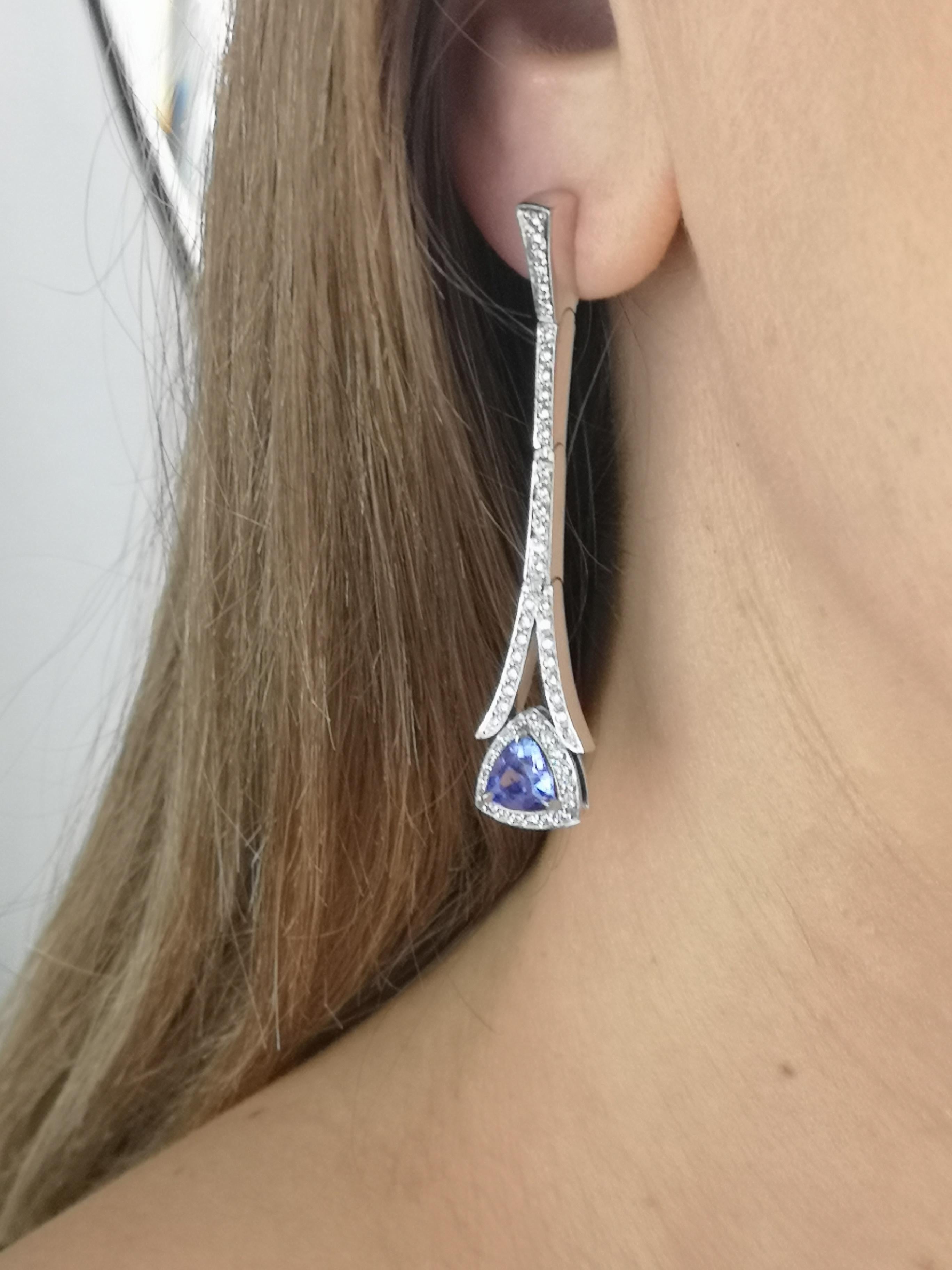 Trillion Cut Tanzanite and Diamond Drop 18ct White Gold Earrings For Sale