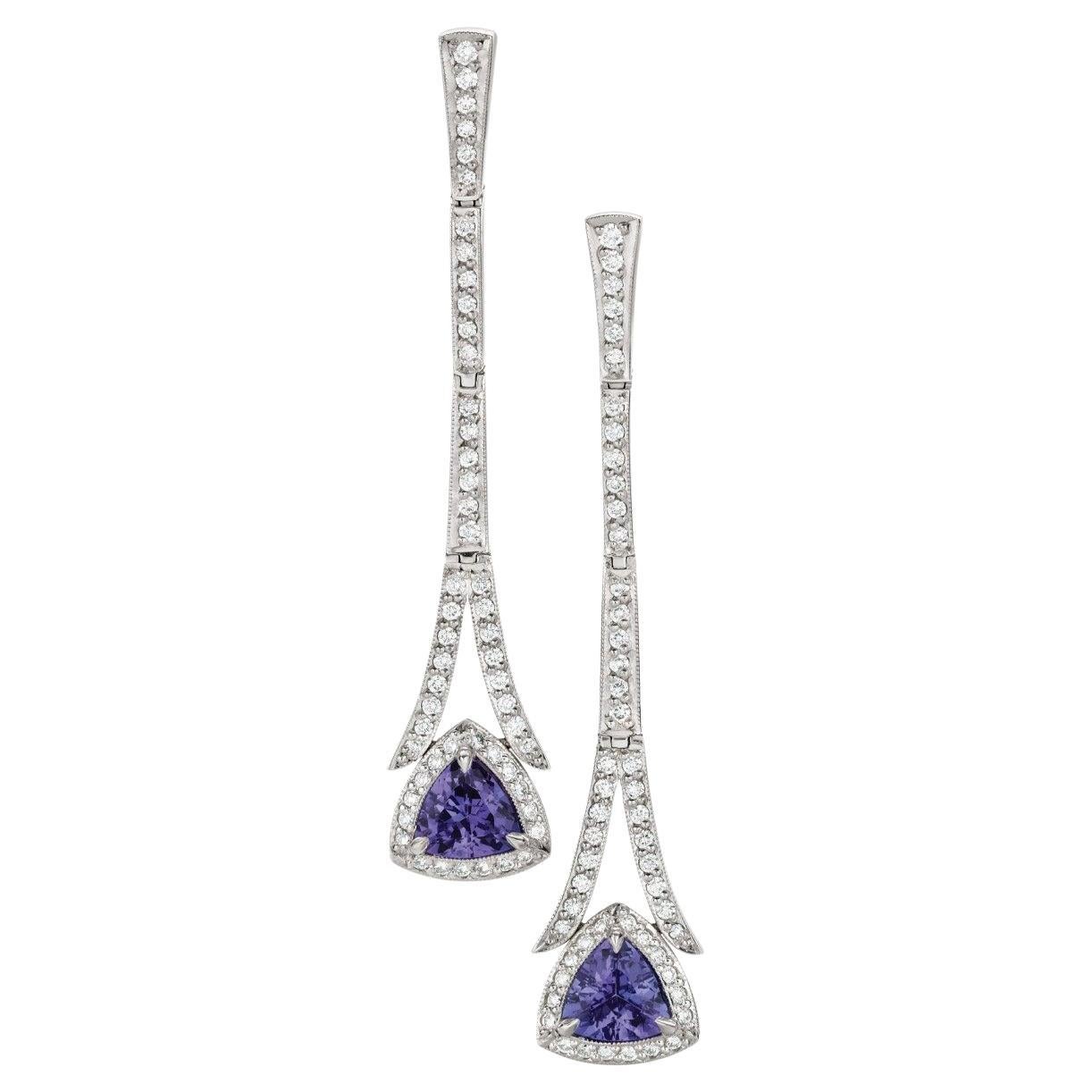 Tanzanite and Diamond Drop 18ct White Gold Earrings For Sale