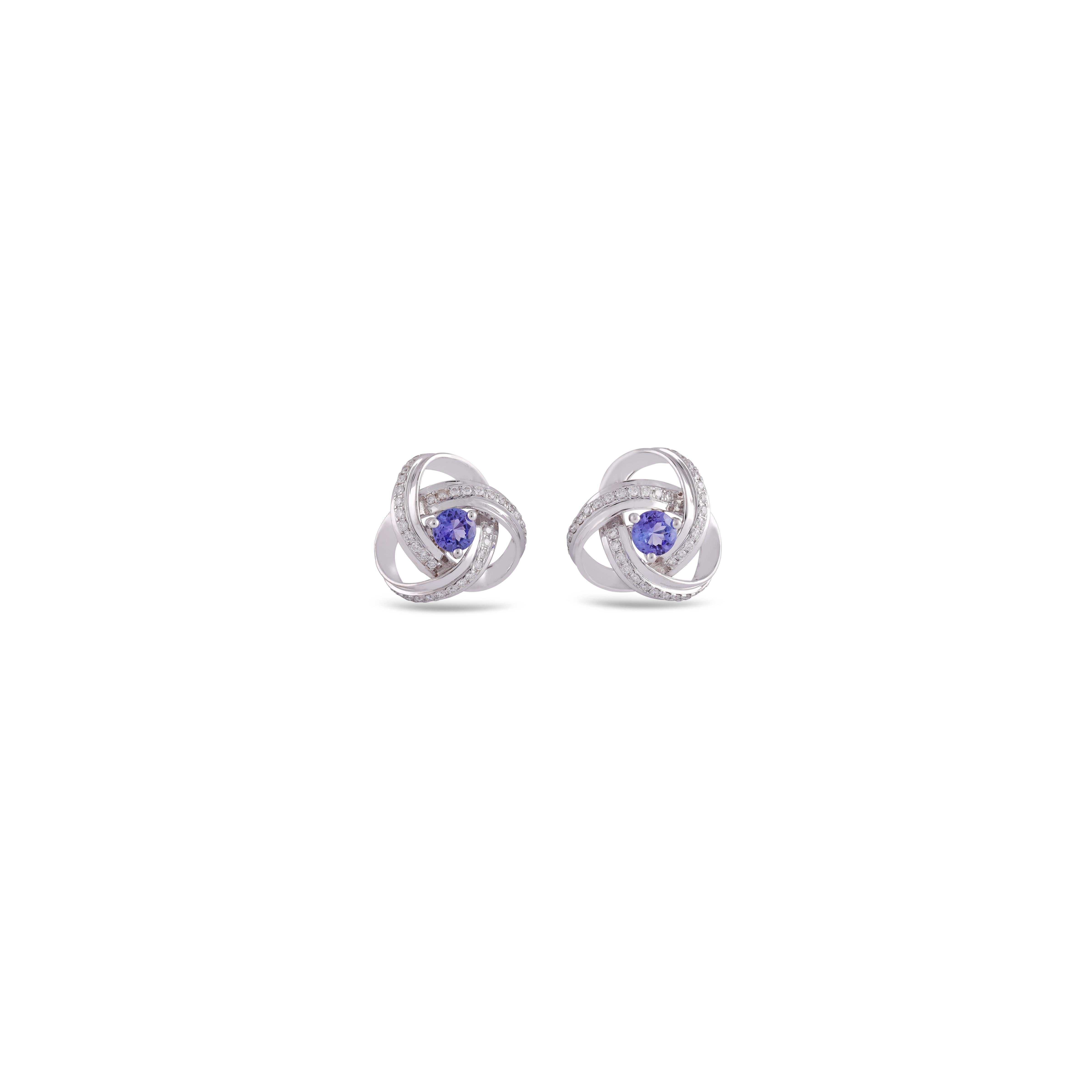 Contemporary Tanzanite  and Diamond Earring Studs in 18 Karat White Gold For Sale
