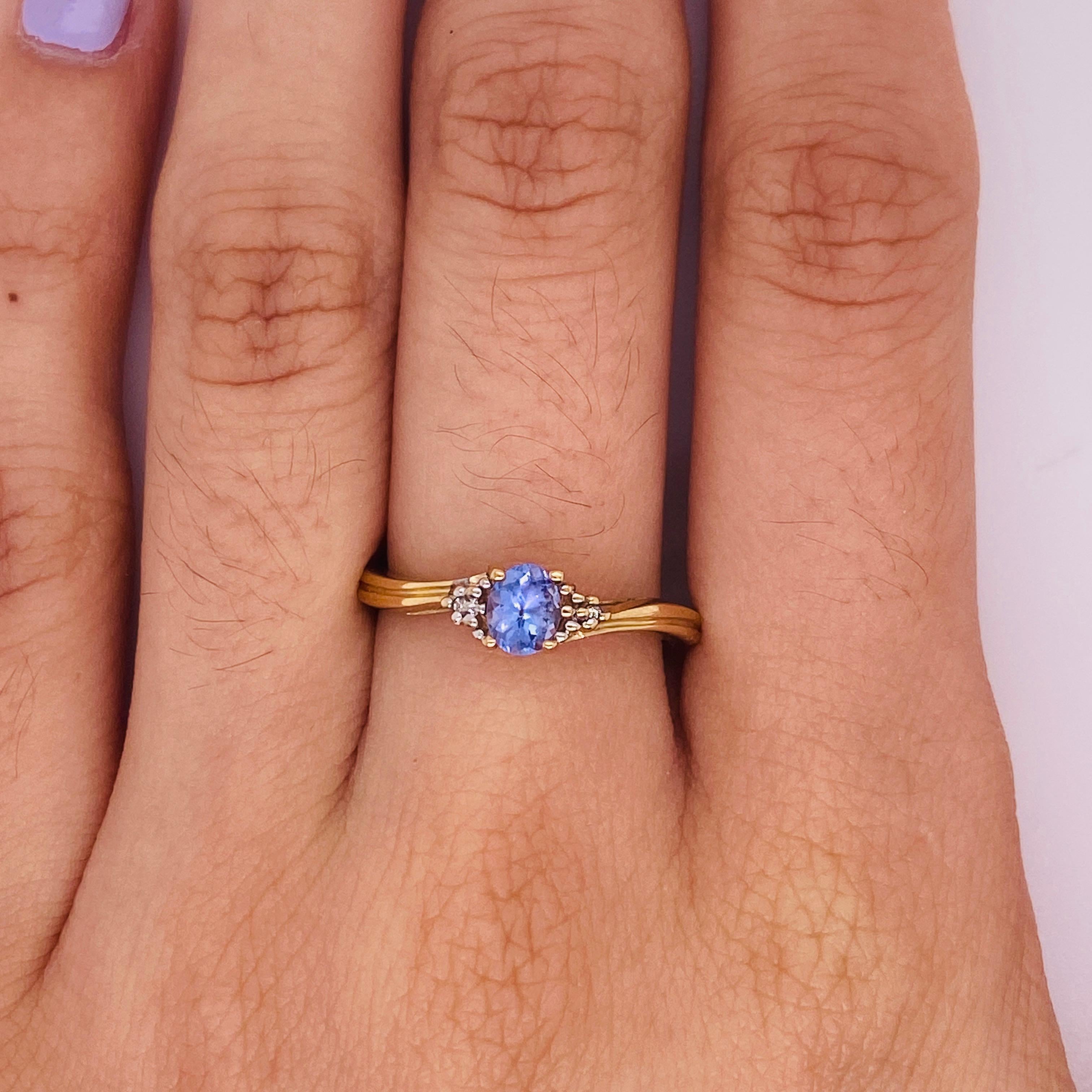 Oval Cut Tanzanite and Diamond Floral Ring 10k Yellow Gold, Blue Flower, 0.35 Carat Tanz