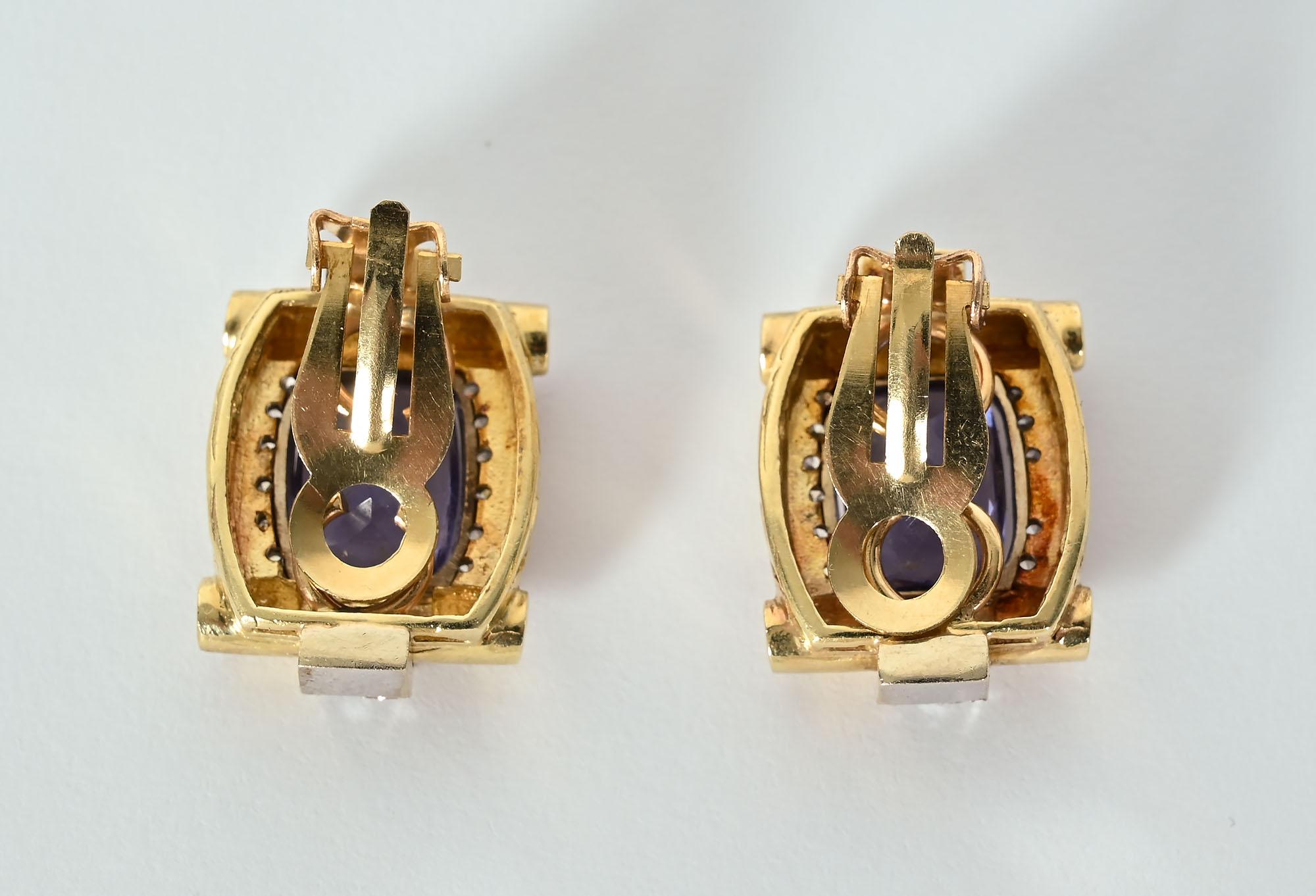 Mixed Cut Tanzanite and Diamond Gold Earrings For Sale