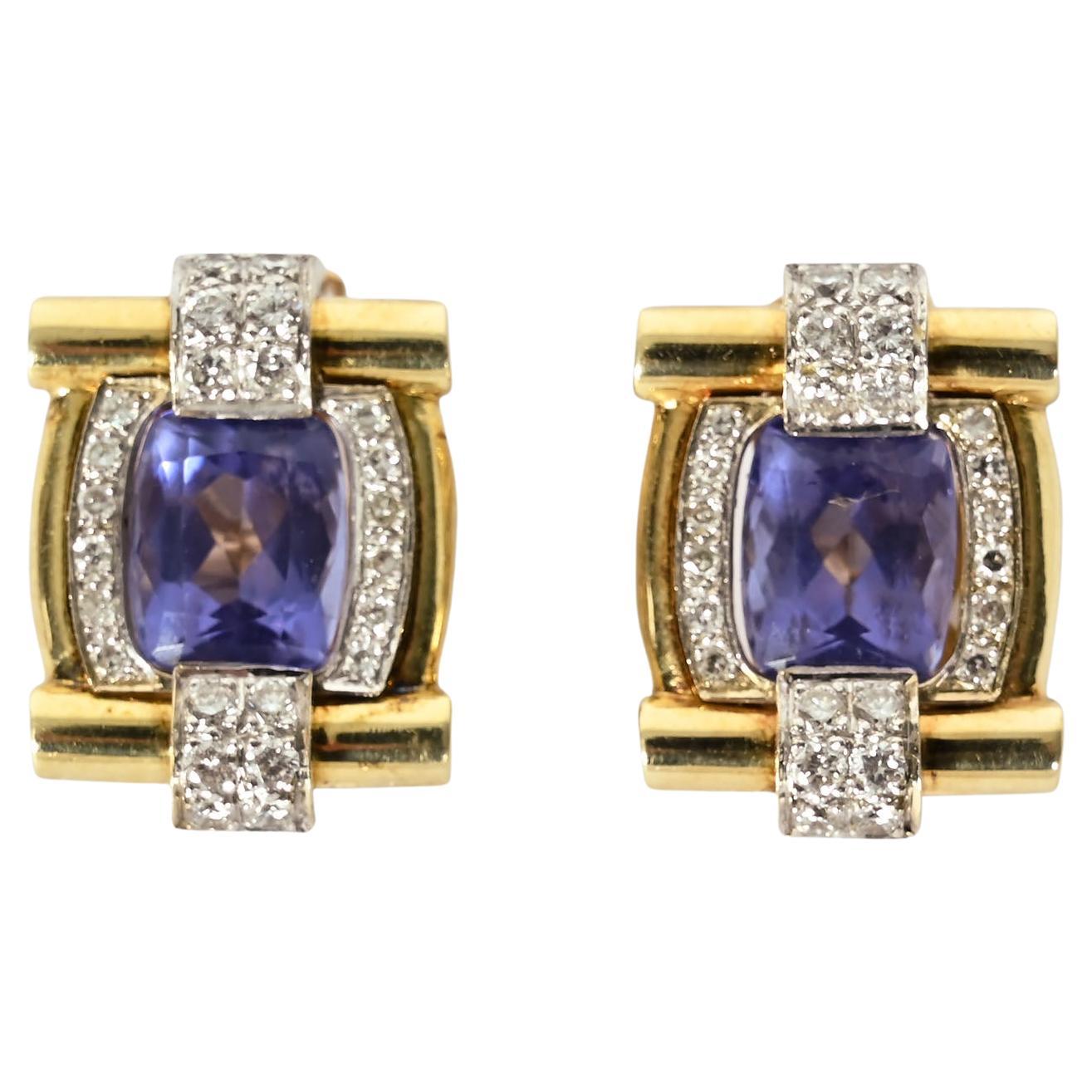 Tanzanite and Diamond Gold Earrings For Sale