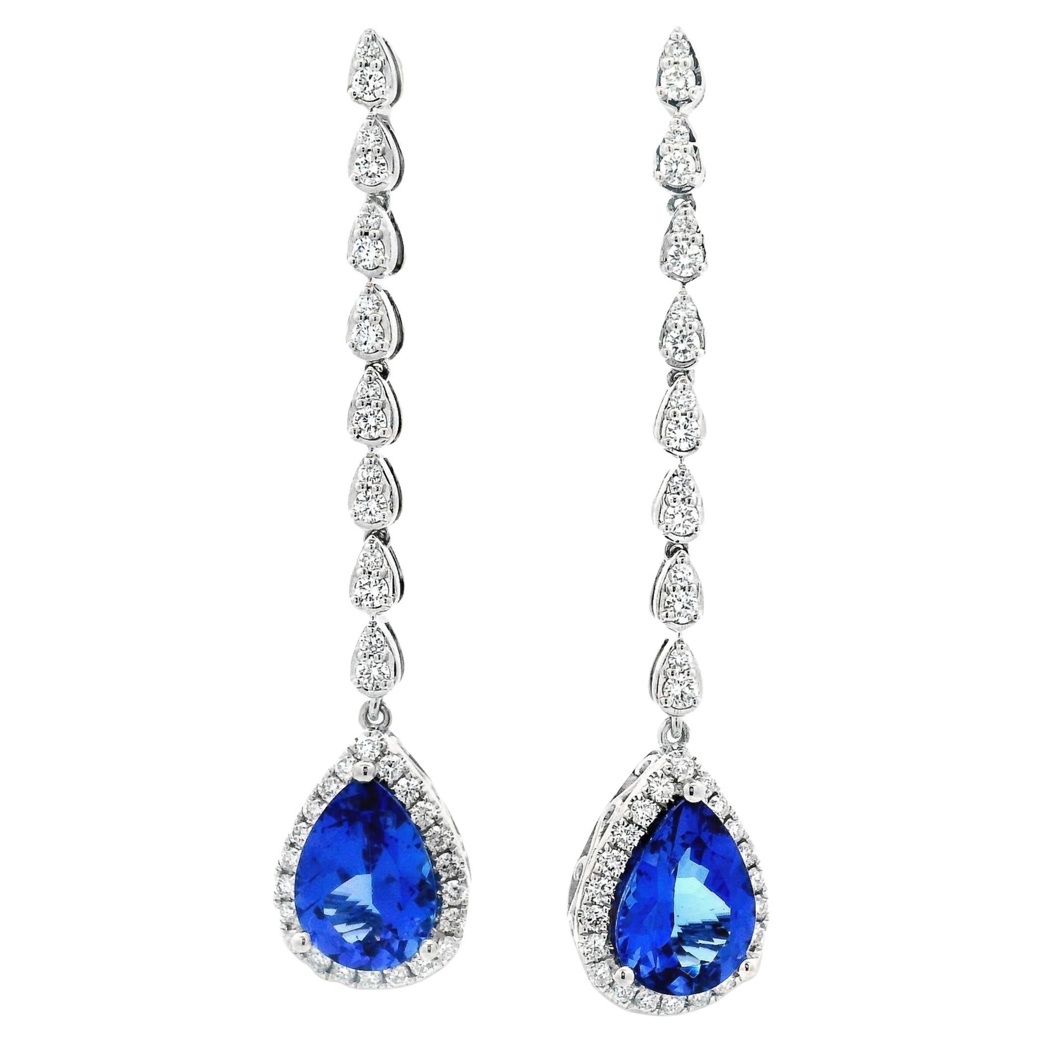 Tanzanite and Diamond Halo Drop Earrings 5.20 Carats in 14K White Gold