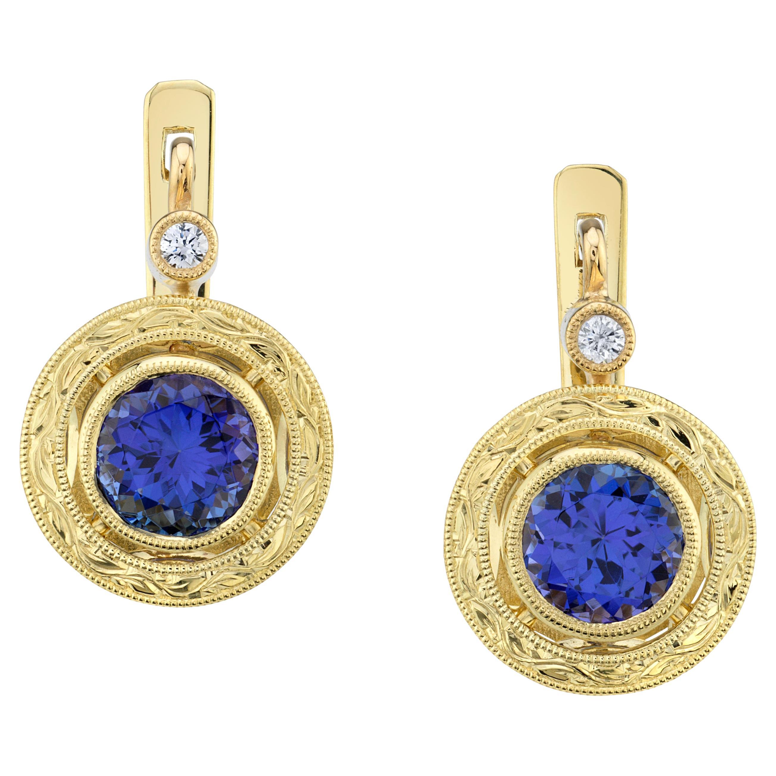 Tanzanite and Diamond Hand Engraved Drop Earrings in 18k Yellow Gold