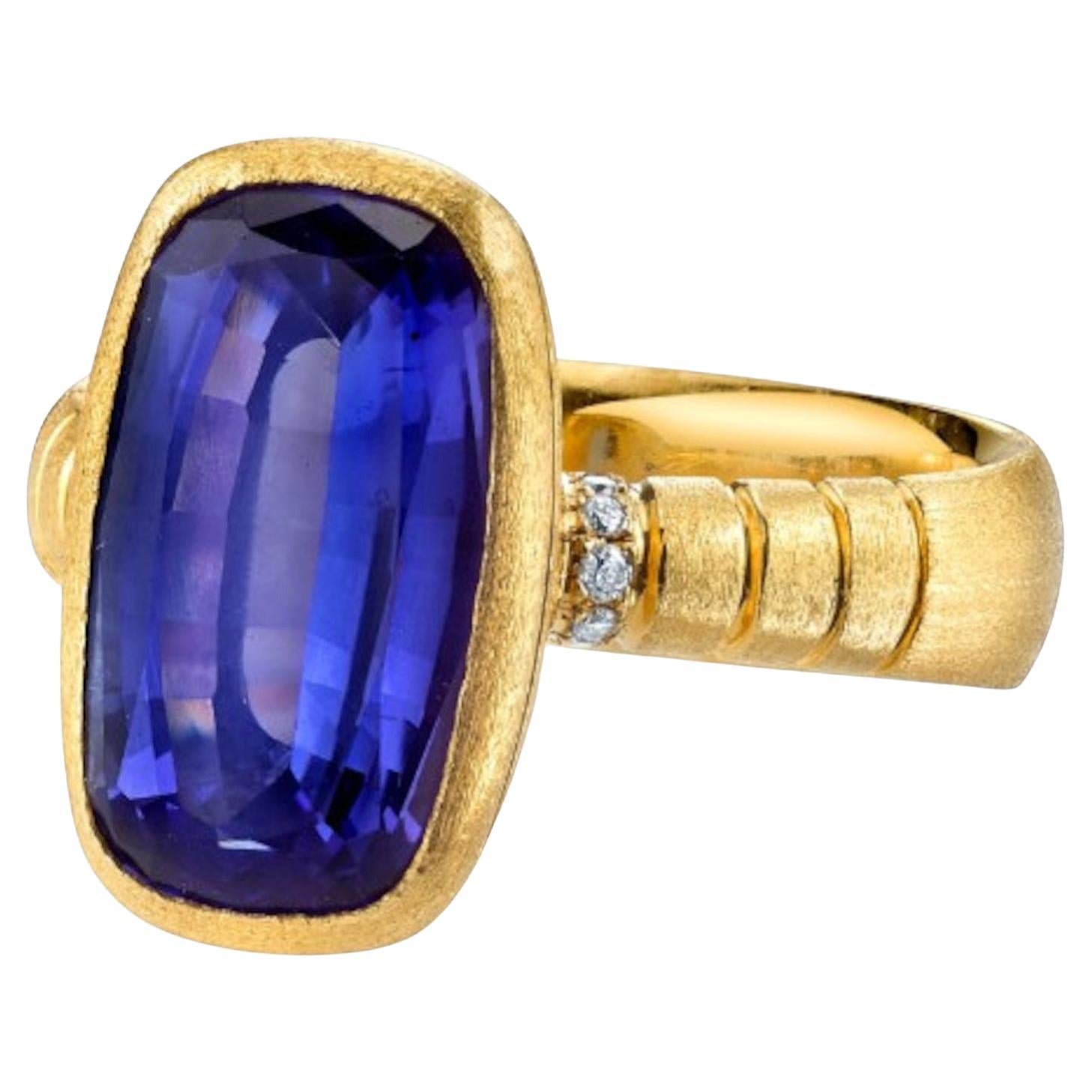 Tanzanite and Diamond Handmade 18k Yellow Gold Bezel Ring, 6.09 Carats