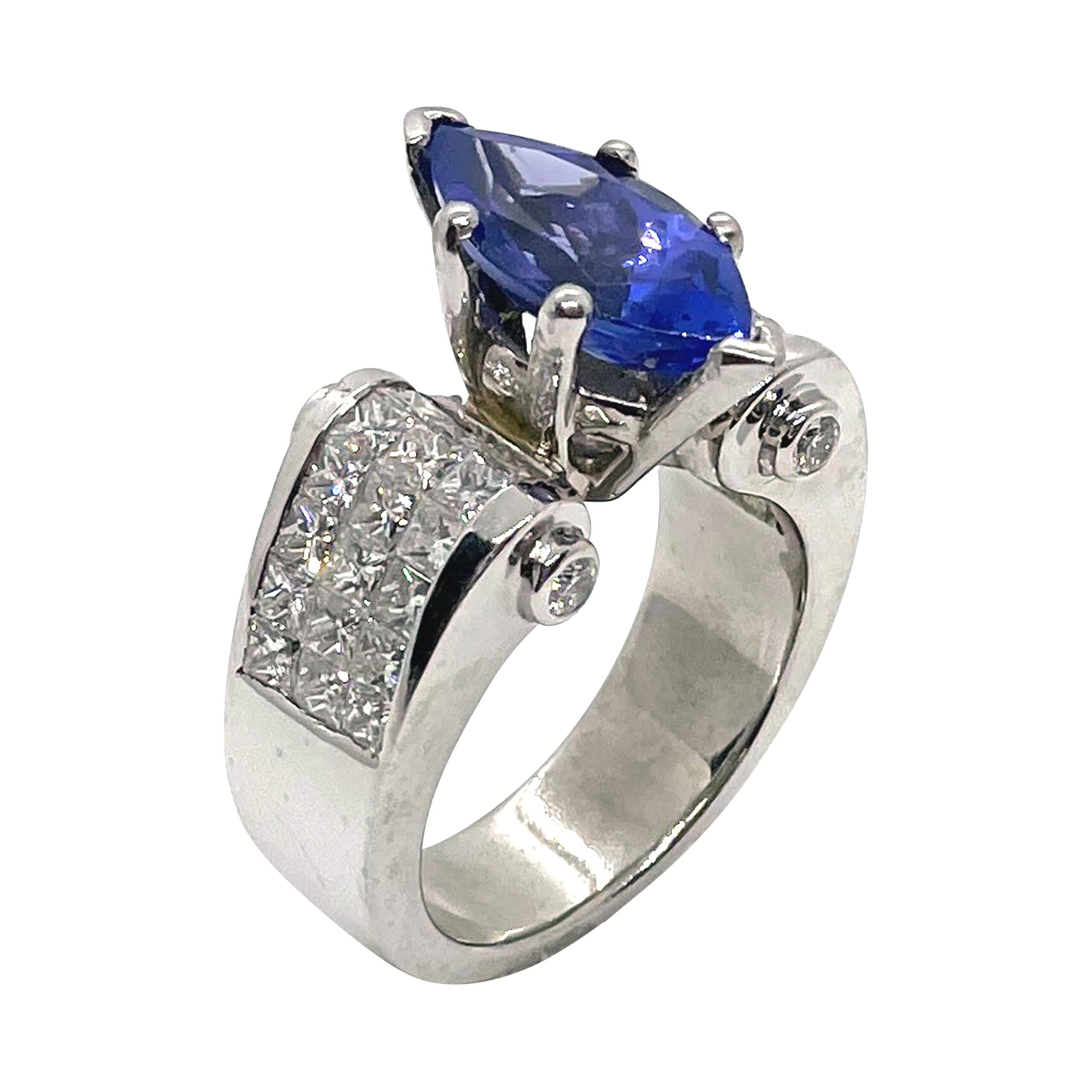 Tanzanite and Diamond Invisibly Set Ring in Platinum, Circa 1990 For Sale