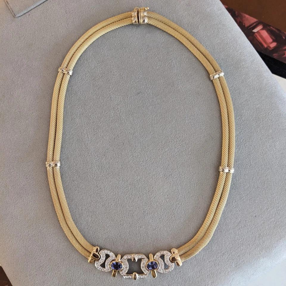 Taglio ovale Collana a maglie con tanzanite e diamanti in oro giallo e bianco 14 carati in vendita