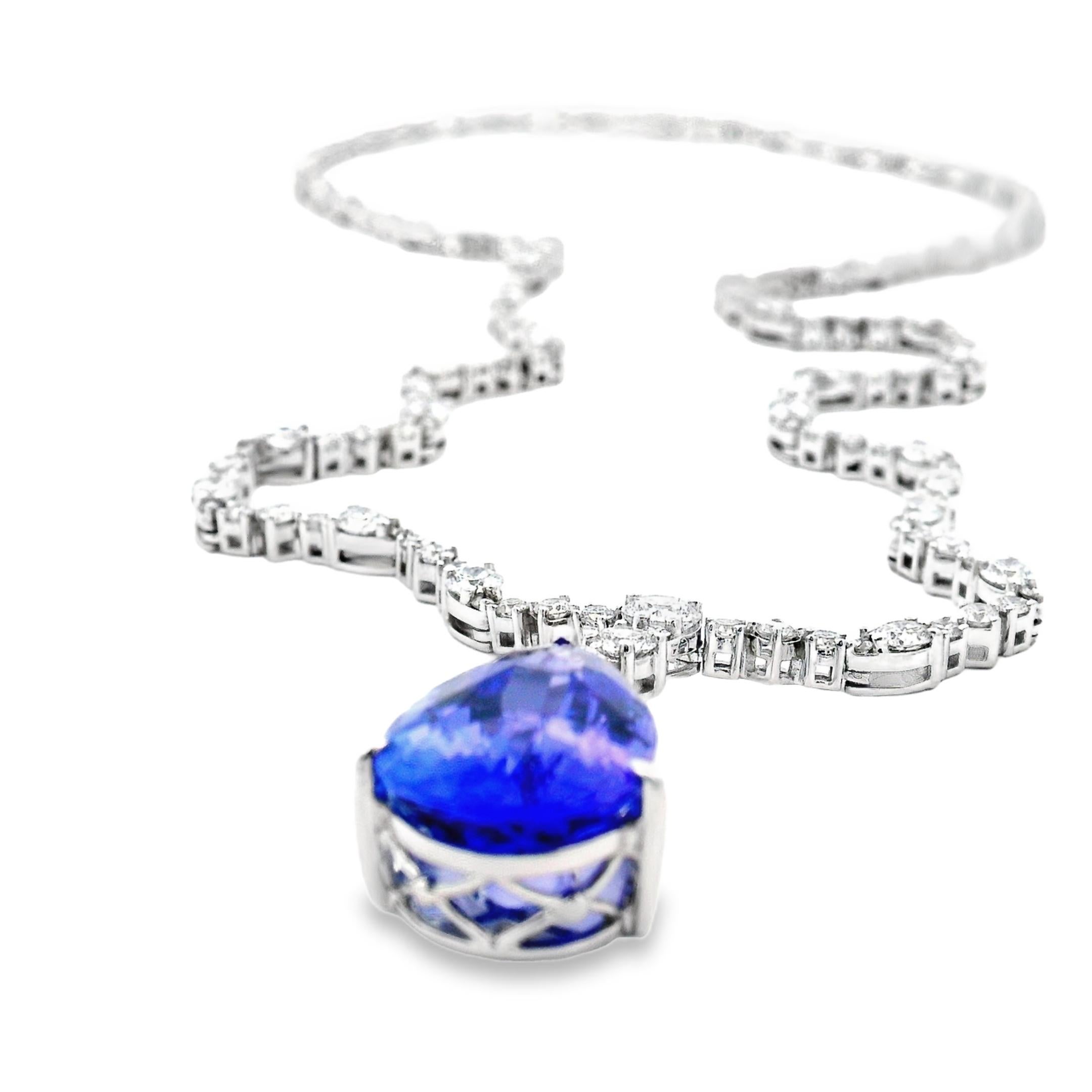 Women's Tanzanite and Diamond Necklace 8.24ct Pear Drop in 14K White Gold 17 Inches For Sale