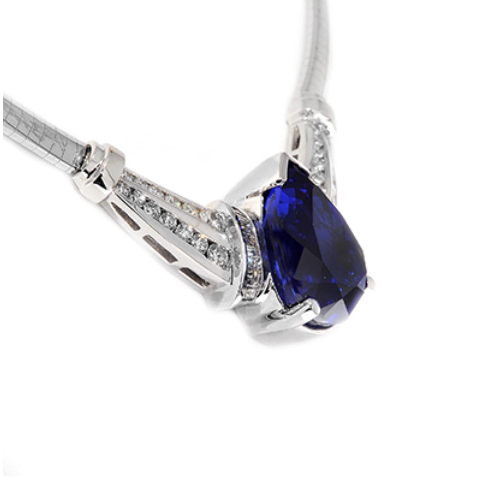 TANZANITE AND DIAMOND NECKLACE
An exceptional example of master craftsmanship, this pear shape Tanzanite is suspended amongst baguette and round diamonds.
Item:	# 01633
Metal:	18k W
Color Weight:	39.20 ct.
Diamond Weight:	3.18 ct.