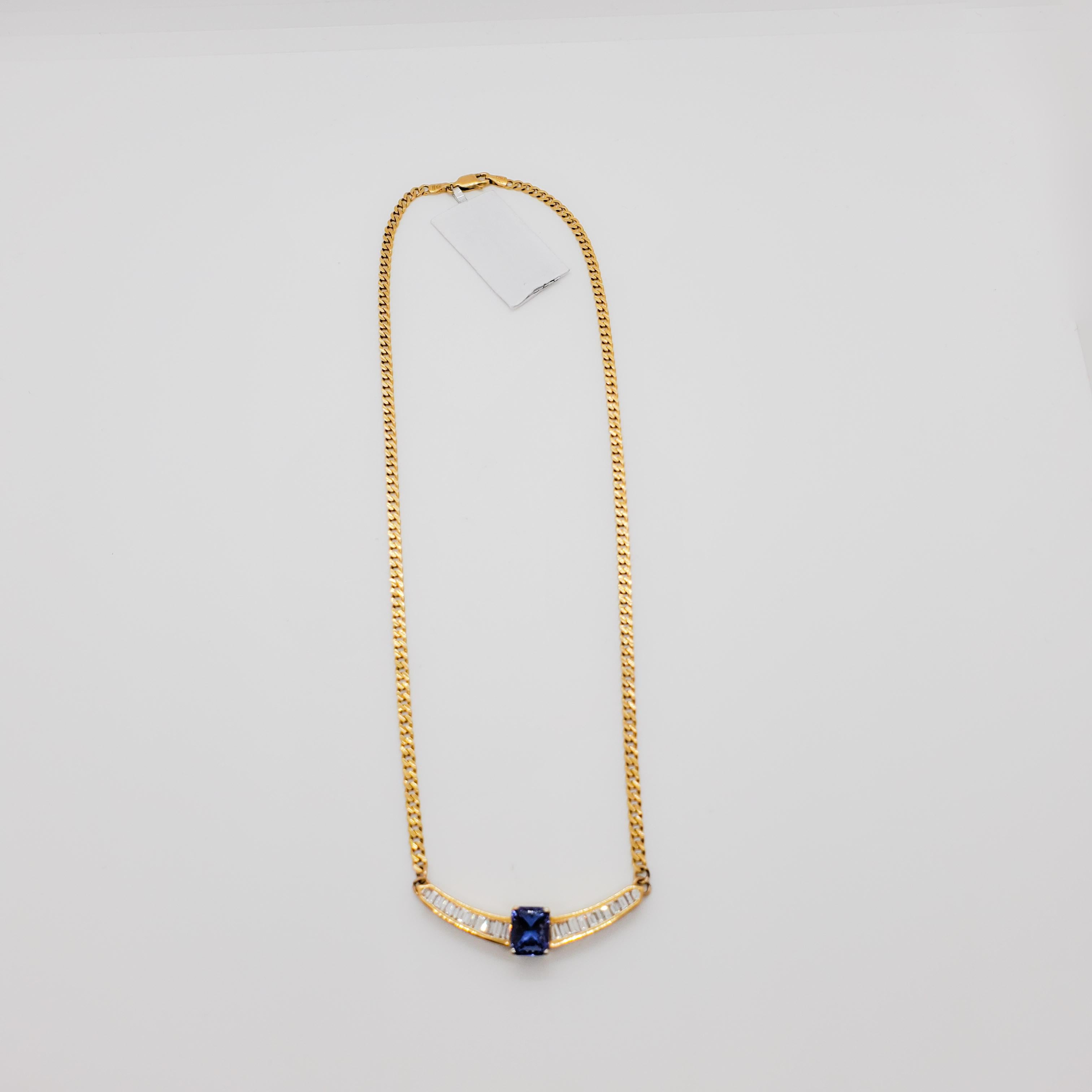 Women's or Men's Tanzanite and Diamond Necklace in 18k Yellow Gold For Sale