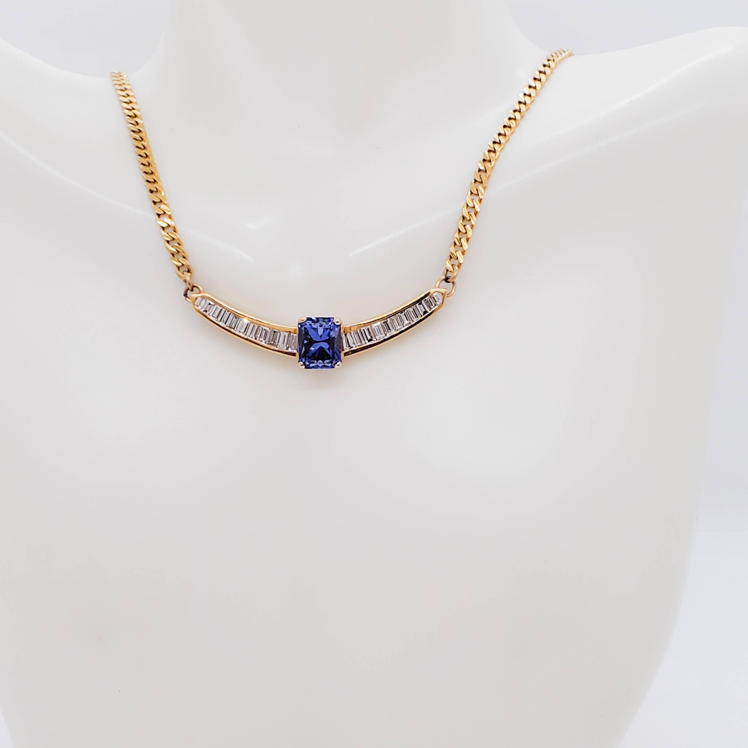 Octagon Cut Tanzanite and Diamond Necklace in 18k Yellow Gold For Sale