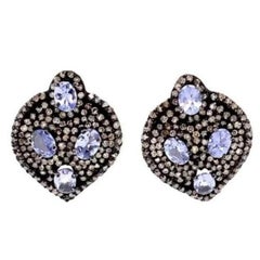 Tanzanite and Diamond Pear Shaped Studs Earrings Oxidized Sterling Silver
