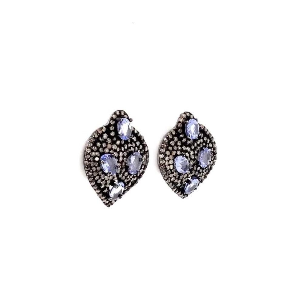 Oval Cut Tanzanite and Diamond Pear Shaped Studs Earrings Oxidized Sterling Silver For Sale