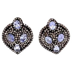 Tanzanite and Diamond Pear Shaped Studs Earrings Oxidized Sterling Silver