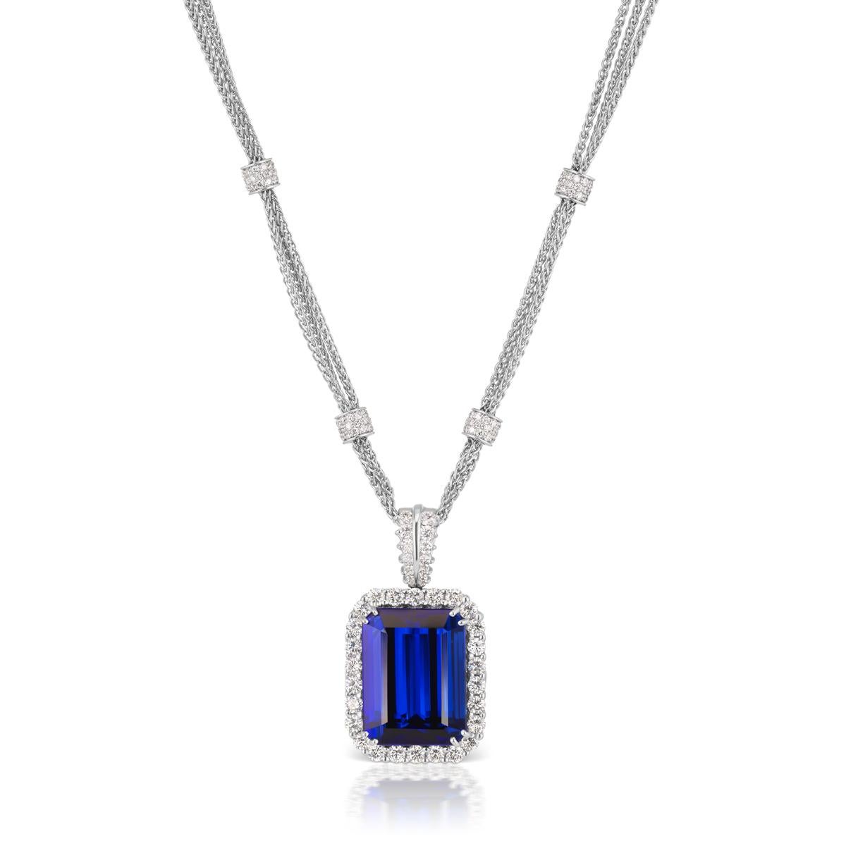 A substantial gold chain with diamond stations provides the perfect backdrop for a classic Tanzanite pendant.
Item:	# 01336
Setting:	18K W
Color Weight:	43.25 ct. of Tanzanite
Diamond Weight:	6 ct. of Diamonds
