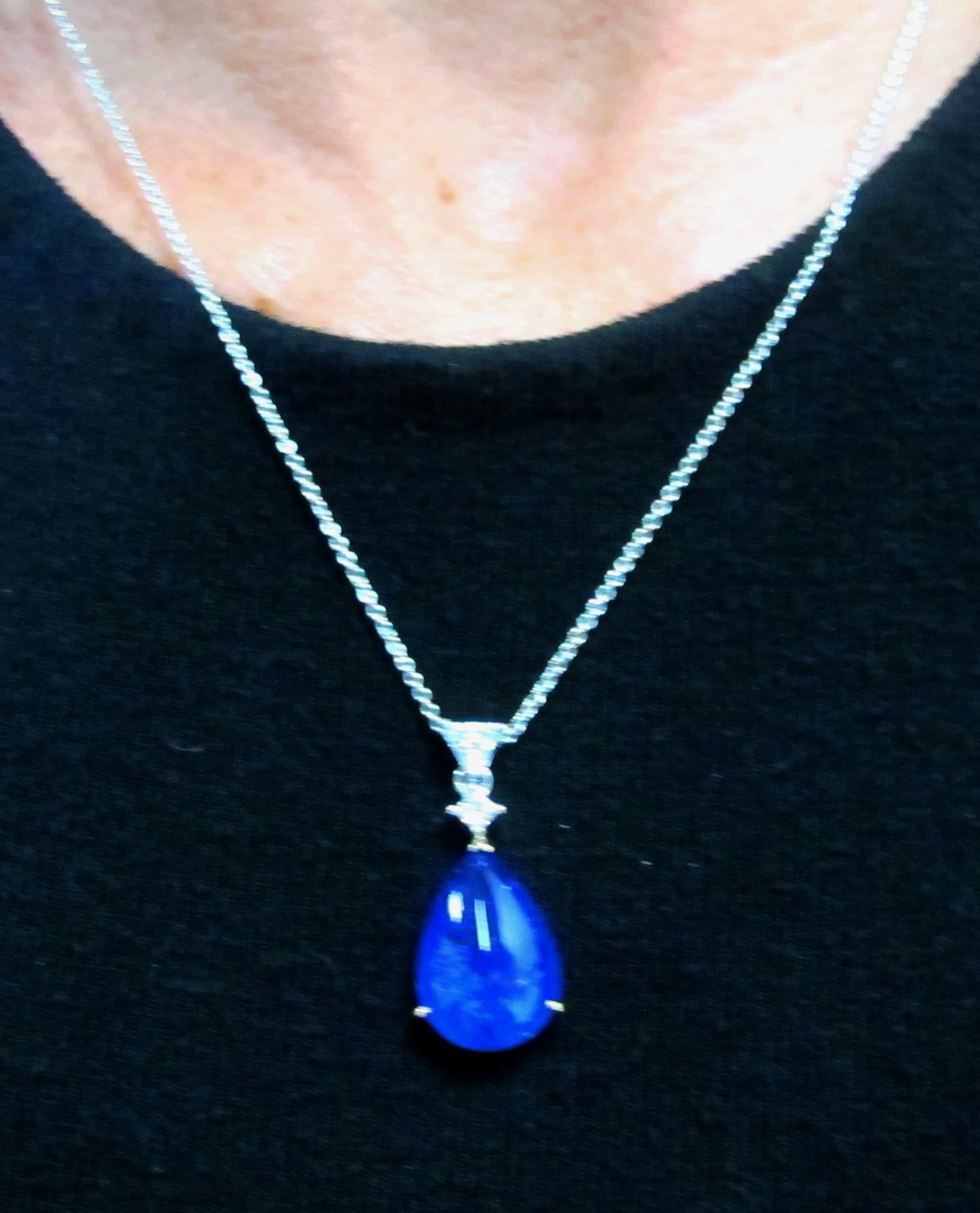 12 Carat Tanzanite Cabochon and Diamond Drop Necklace in Yellow and White Gold 4