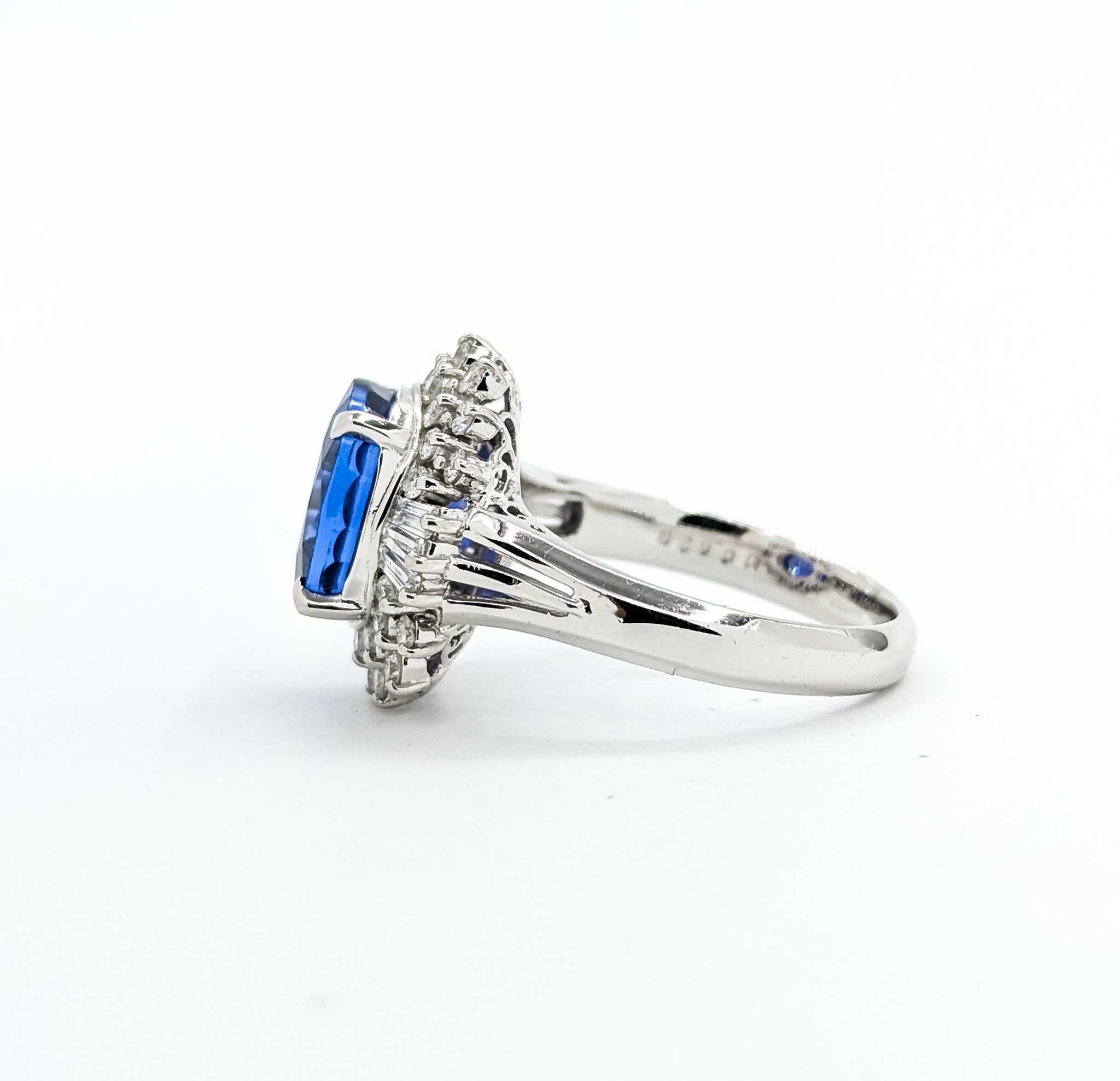 Taille baguette Bague en platine avec tanzanite et diamant en vente