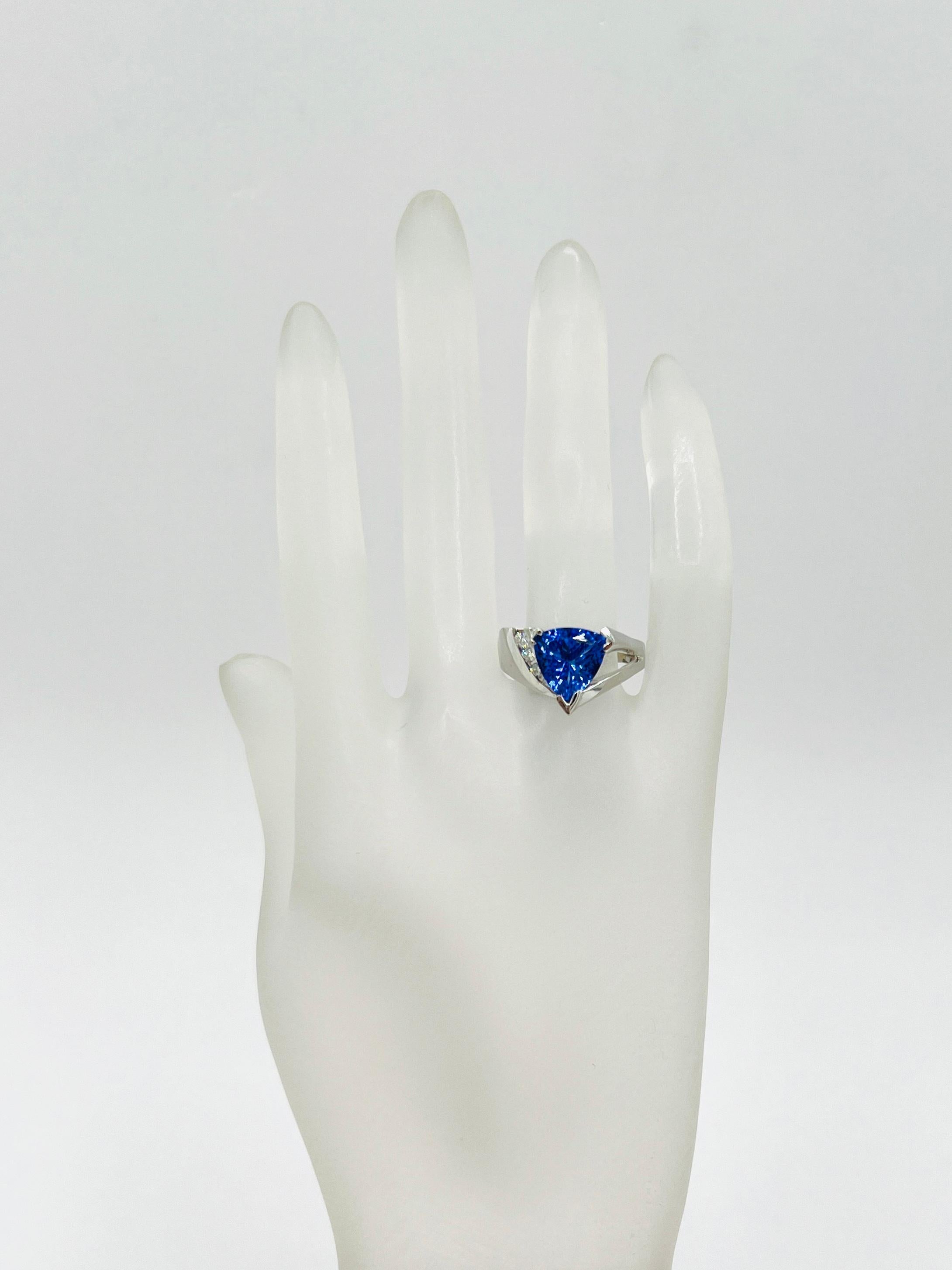 Trillion Cut Tanzanite and Diamond Ring in 14k White Gold For Sale
