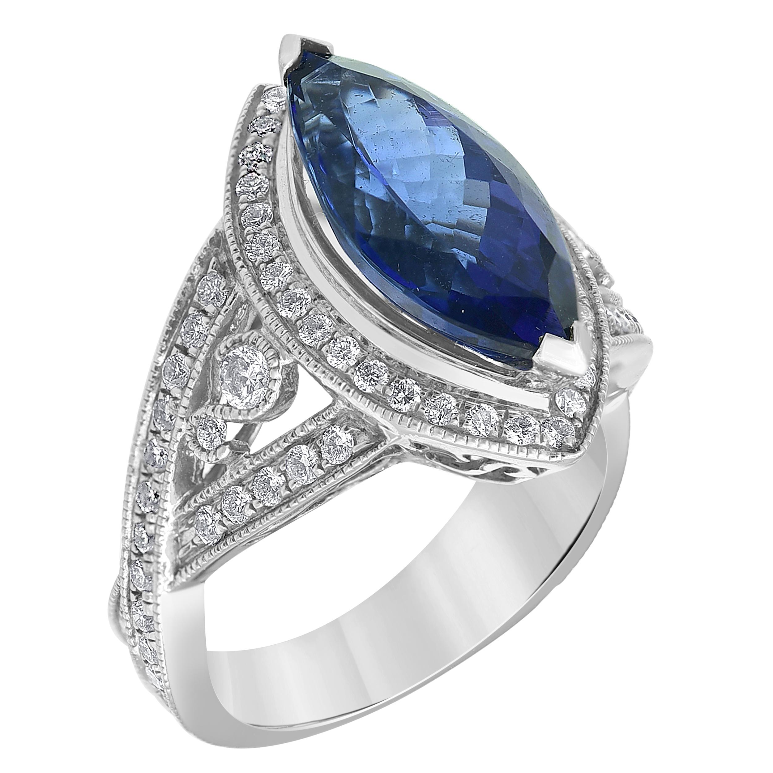 Modern Tanzanite and Diamond Ring in 14k White Gold For Sale