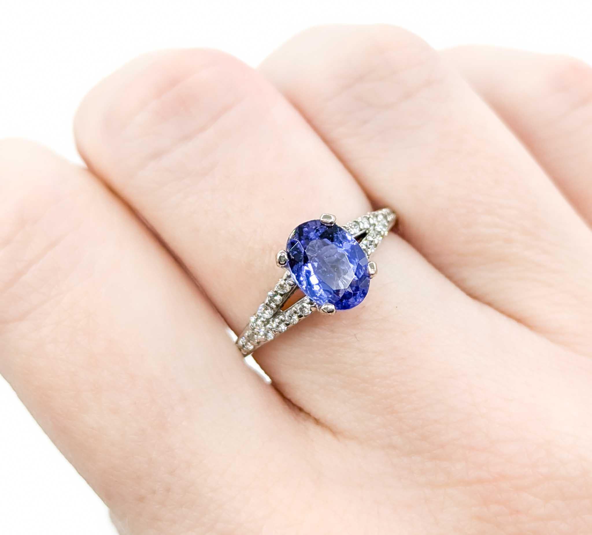 Contemporary Tanzanite and Diamond Ring in 14k White Gold For Sale