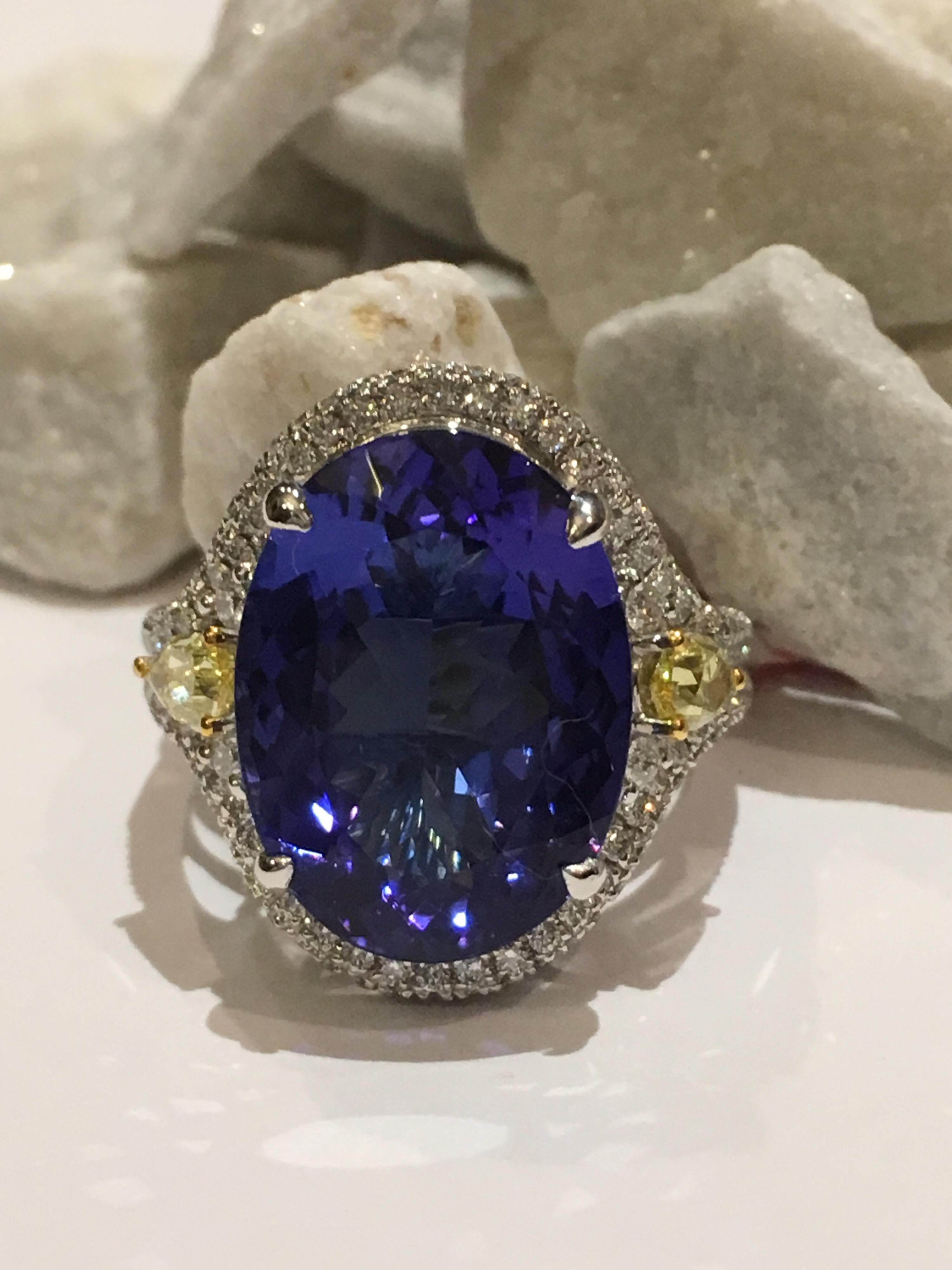 Contemporary Tanzanite and Diamond Ring Set in 14 Karat White Gold