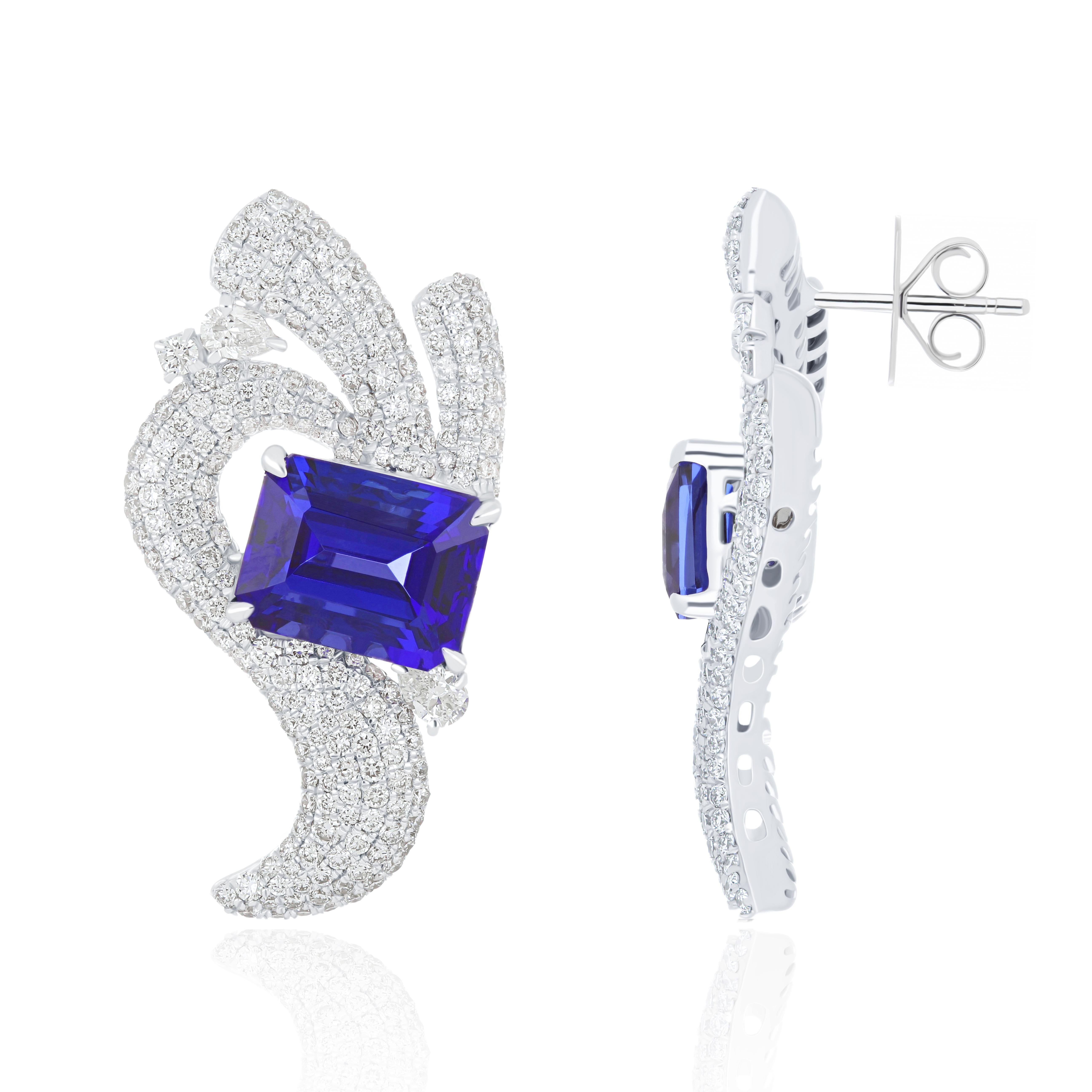 Elegant and Exquisitely detailed White Gold Earring, with 10.30 cts. (approx.) Tanzanite Octagon Shape Faceted cut accented with micro pave Diamonds, weighing approx. 3.40 cts. (approx.). total carat weight. Beautifully Hand-Crafted Earring in 18