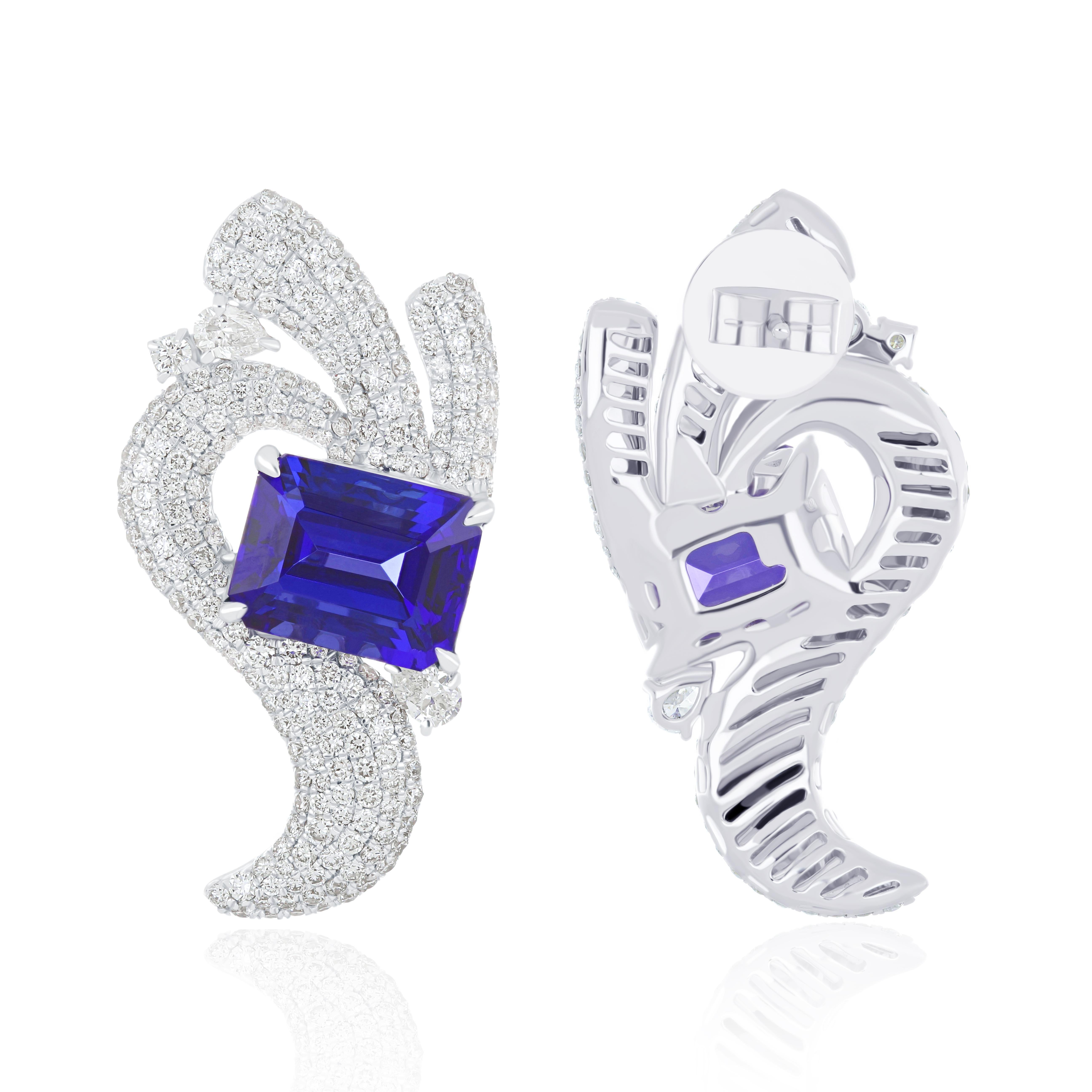 Octagon Cut Tanzanite and Diamond Studded Earrings in 18 Karat White Gold For Sale