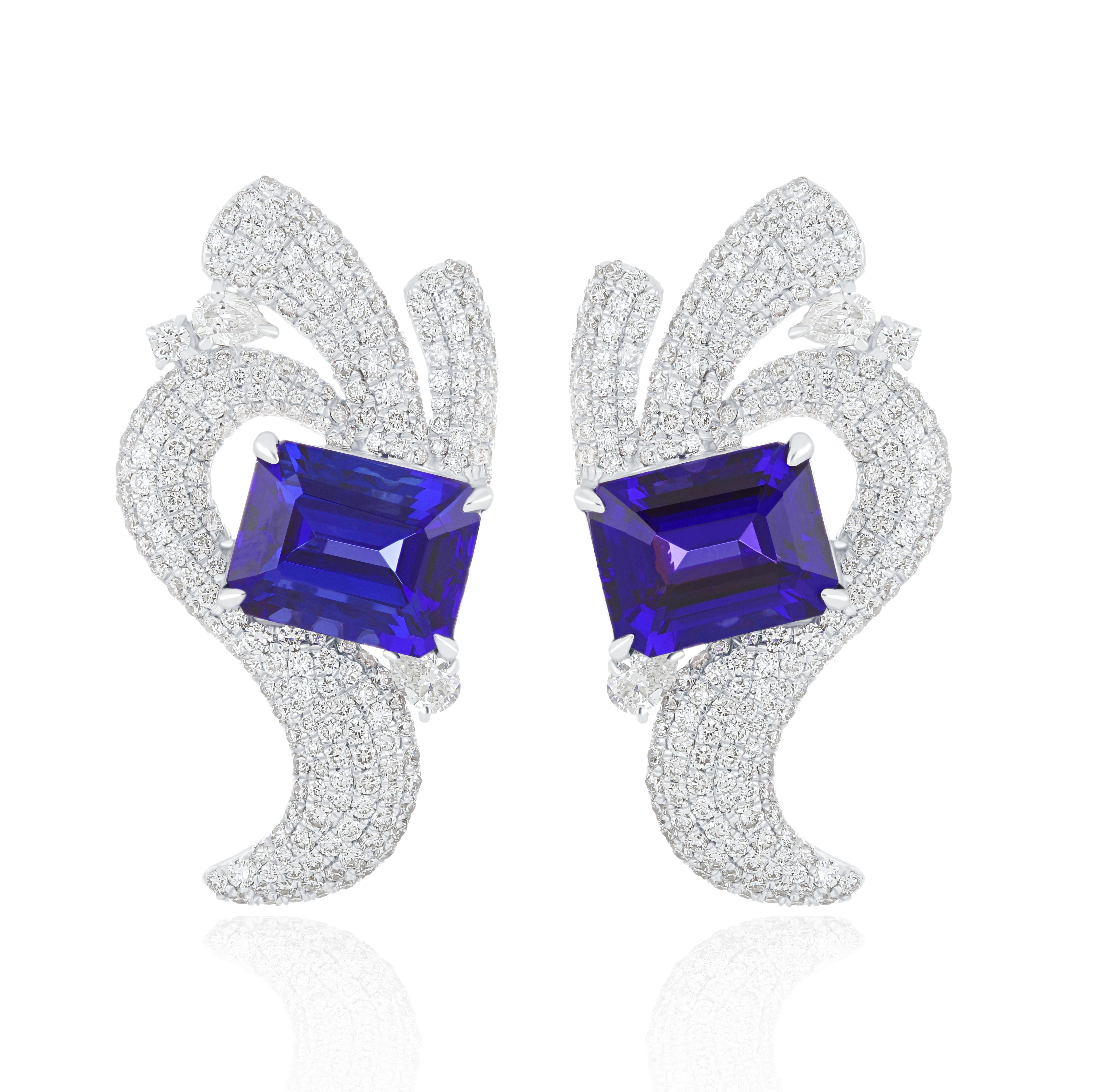 Tanzanite and Diamond Studded Earrings in 18 Karat White Gold For Sale 1