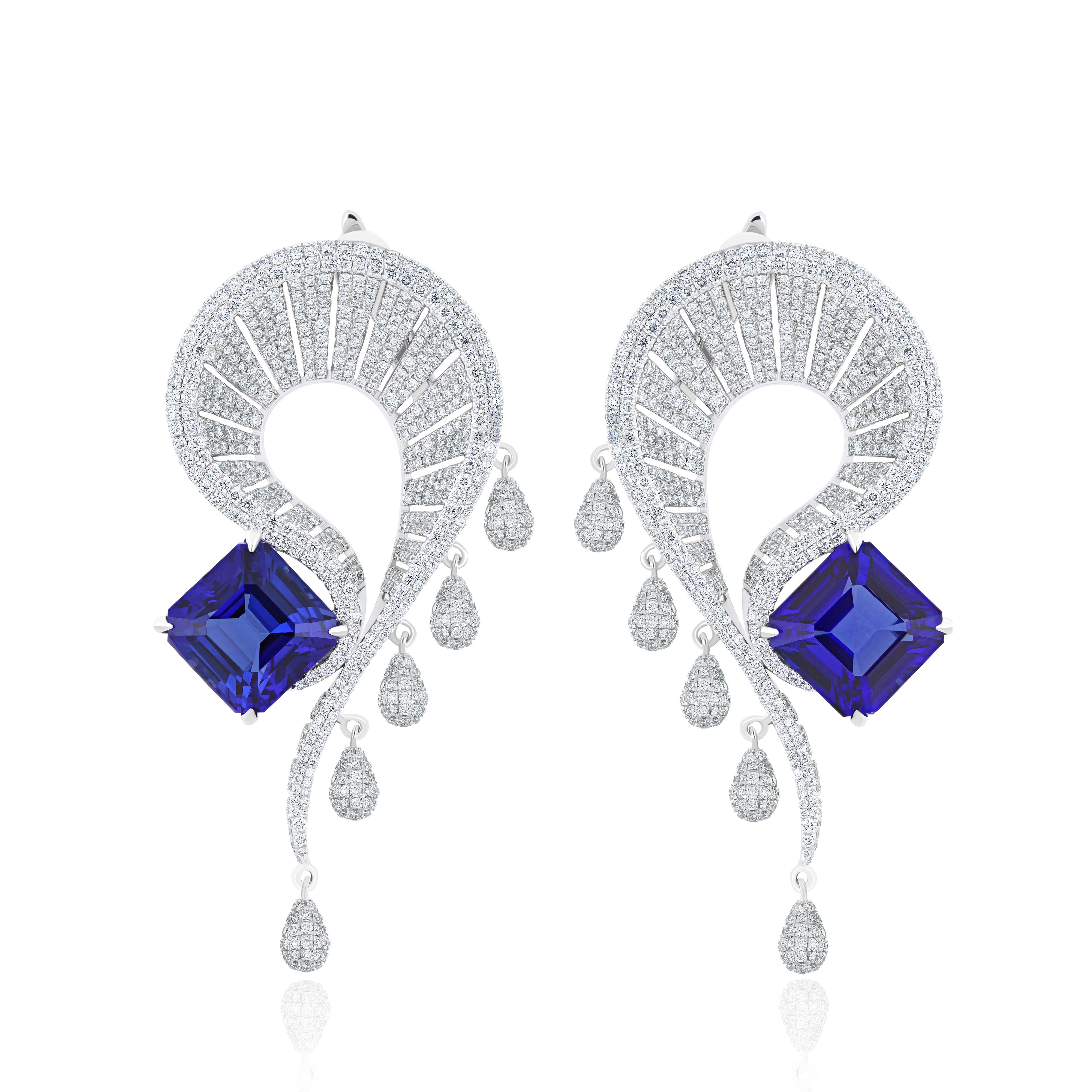 Tanzanite and Diamond Studded Earrings in 18 Karat White Gold For Sale 1
