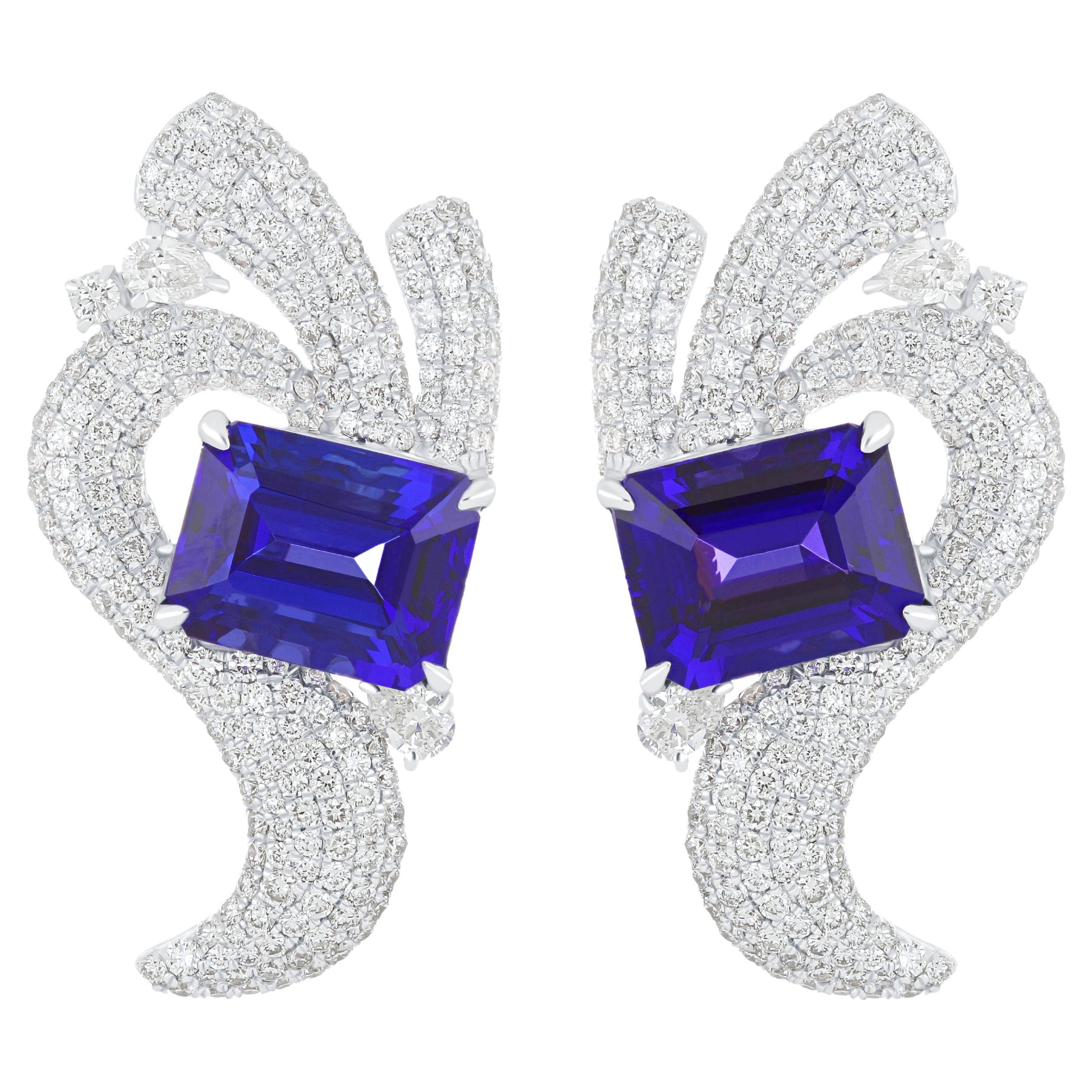 Tanzanite and Diamond Studded Earrings in 18 Karat White Gold For Sale