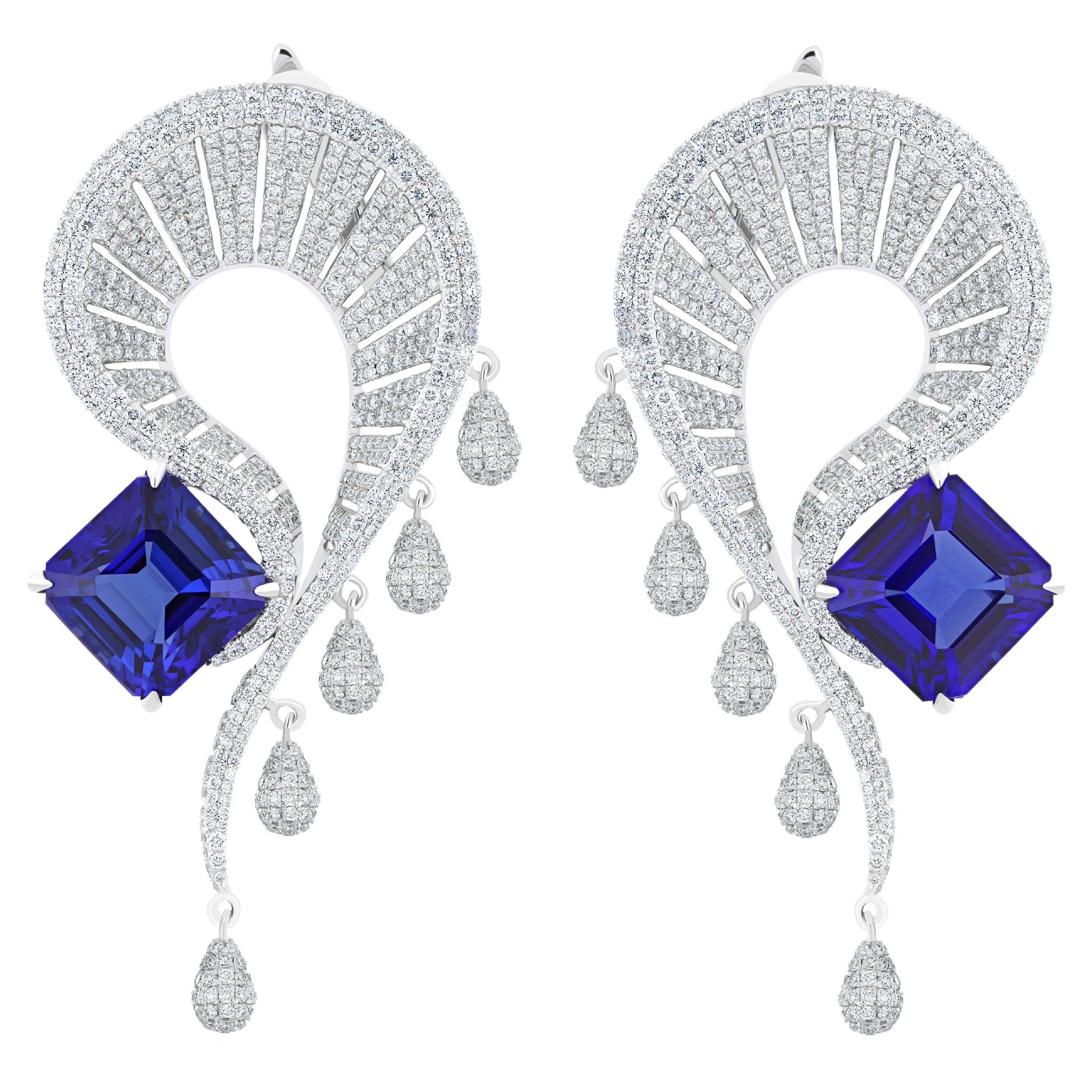 Tanzanite and Diamond Studded Earrings in 18 Karat White Gold For Sale