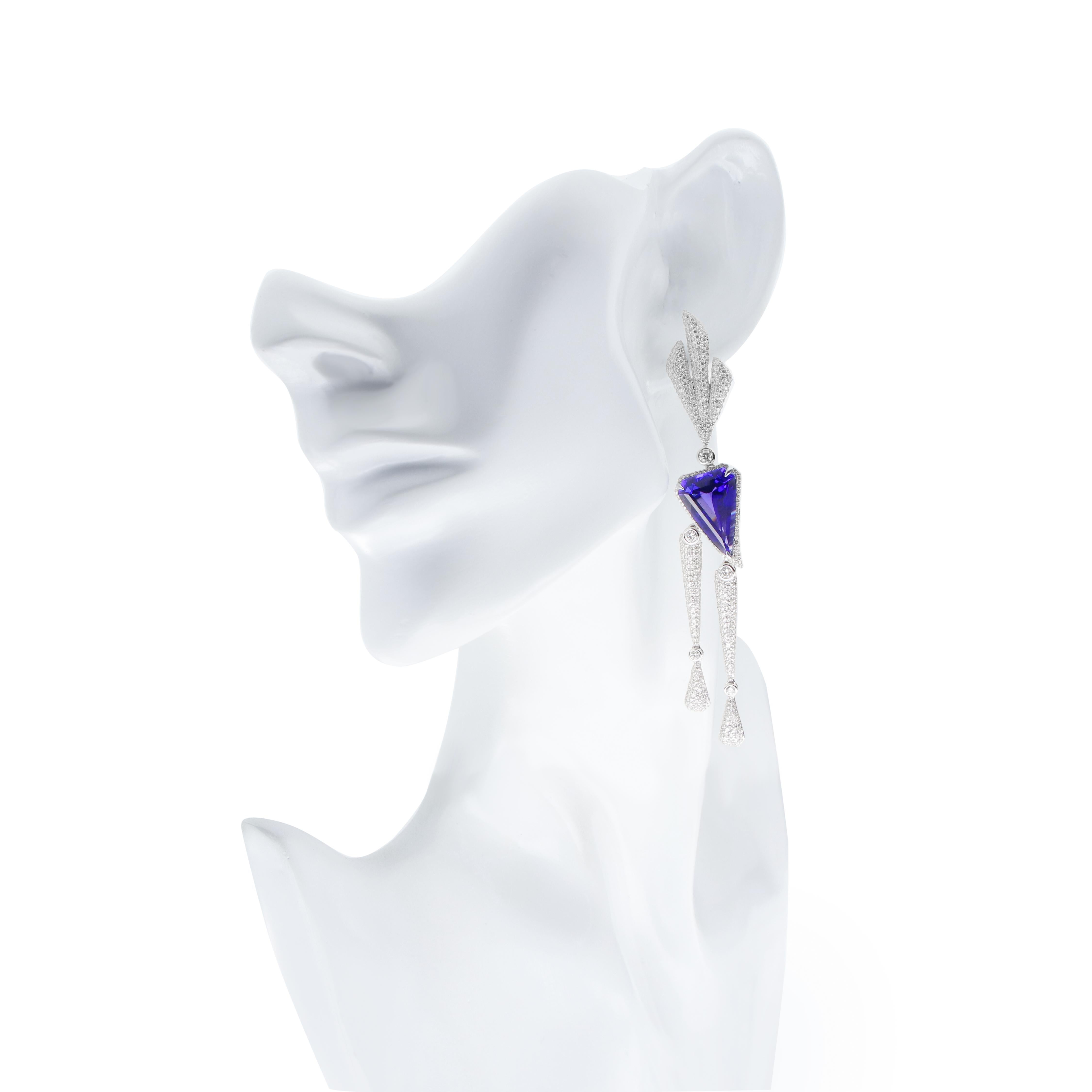 Mixed Cut Tanzanite and Diamond Studded Earrings in 18K white Gold Drop Dangle Earring For Sale