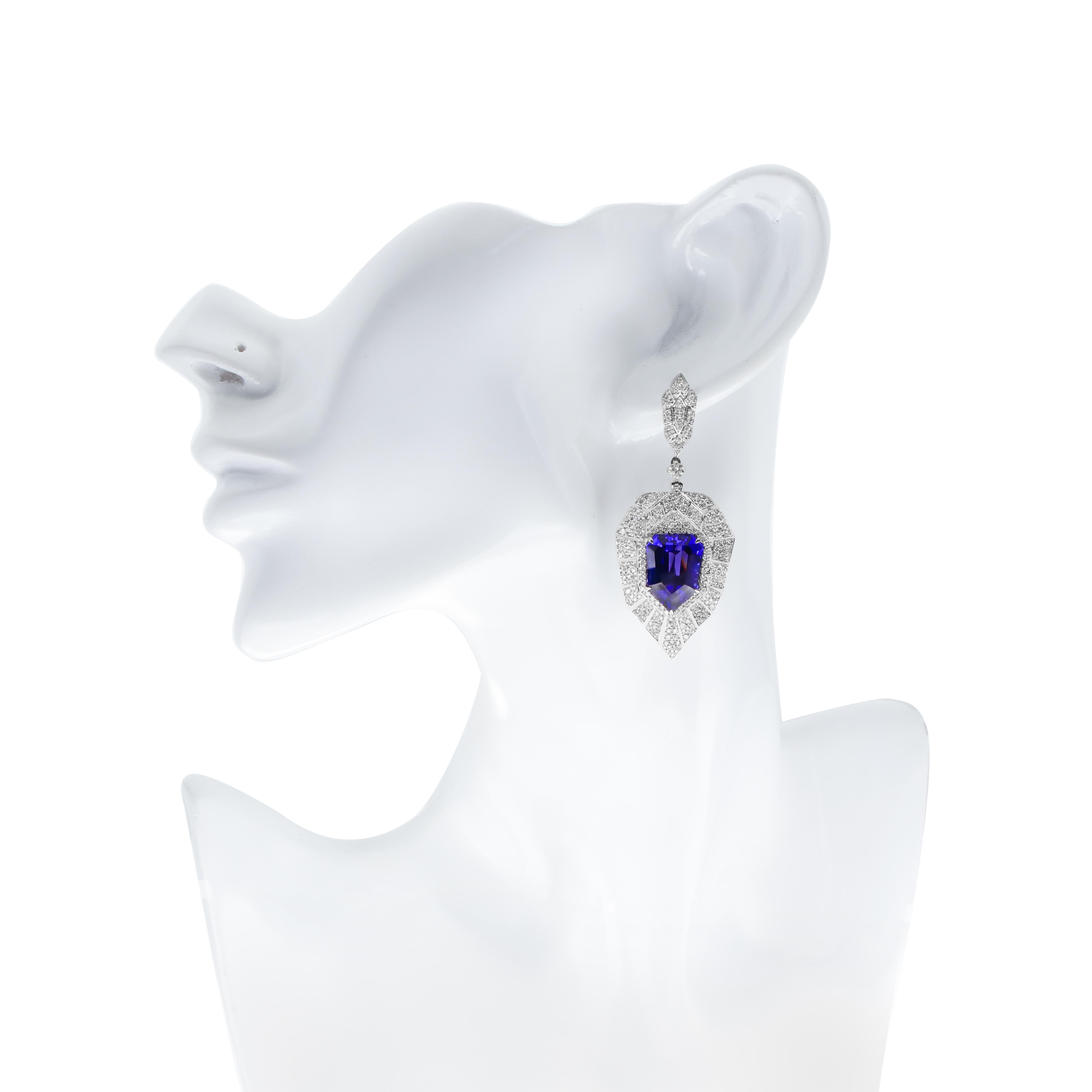 Mixed Cut Tanzanite and Diamond Studded Earrings in 18K white gold For Sale