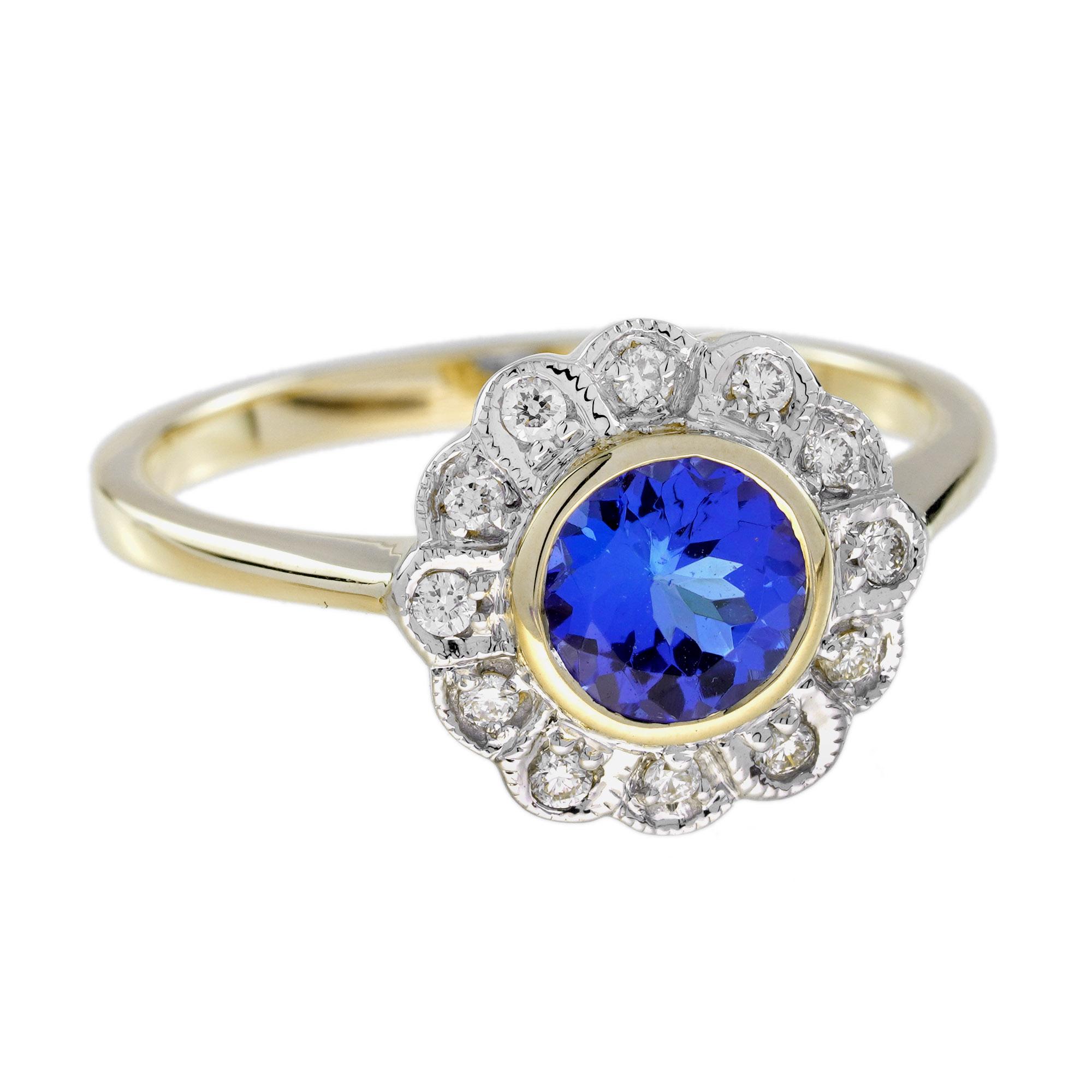 Art Deco Tanzanite and Diamond Vintage Style Floral Ring in 14K Yellow Gold For Sale