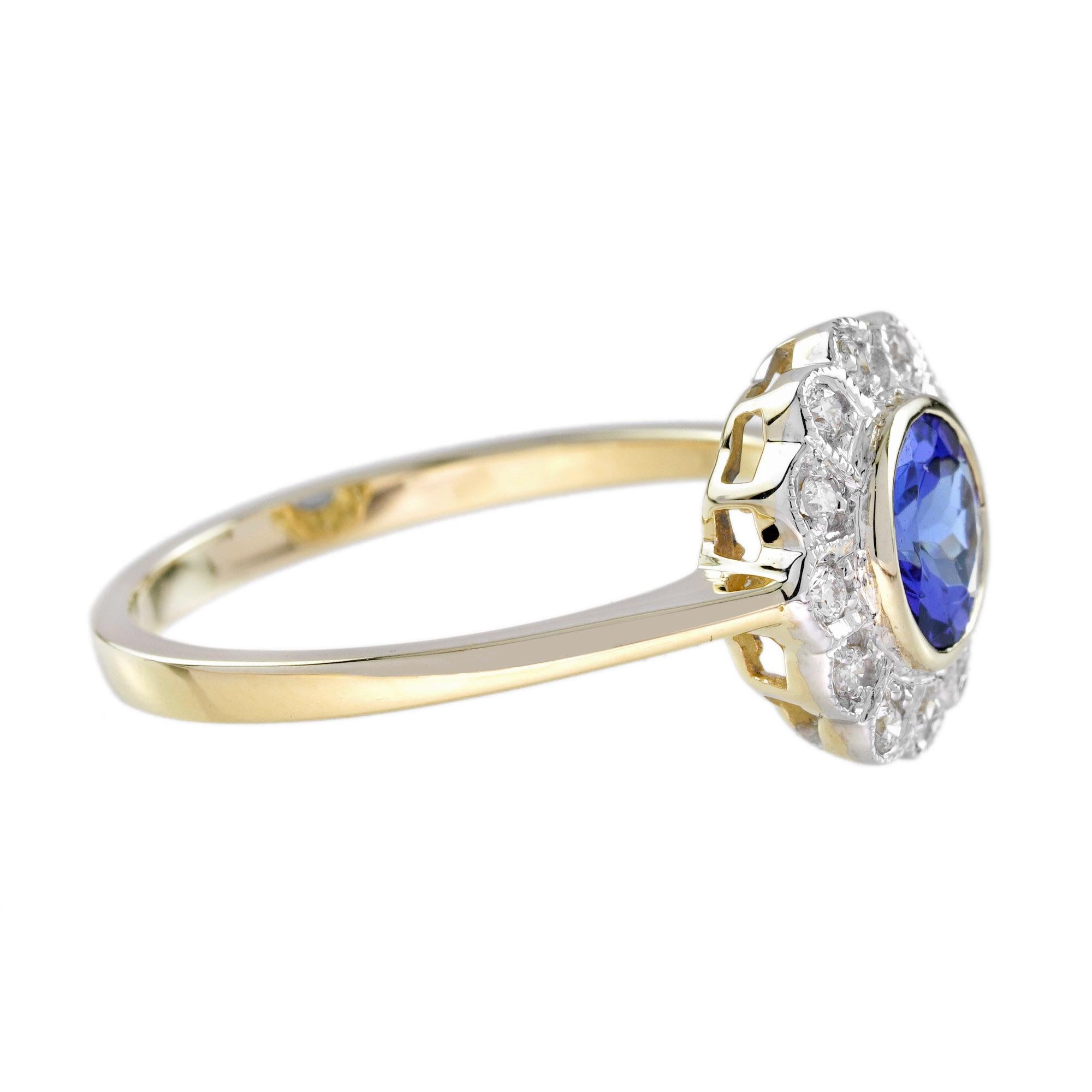 Round Cut Tanzanite and Diamond Vintage Style Floral Ring in 14K Yellow Gold For Sale