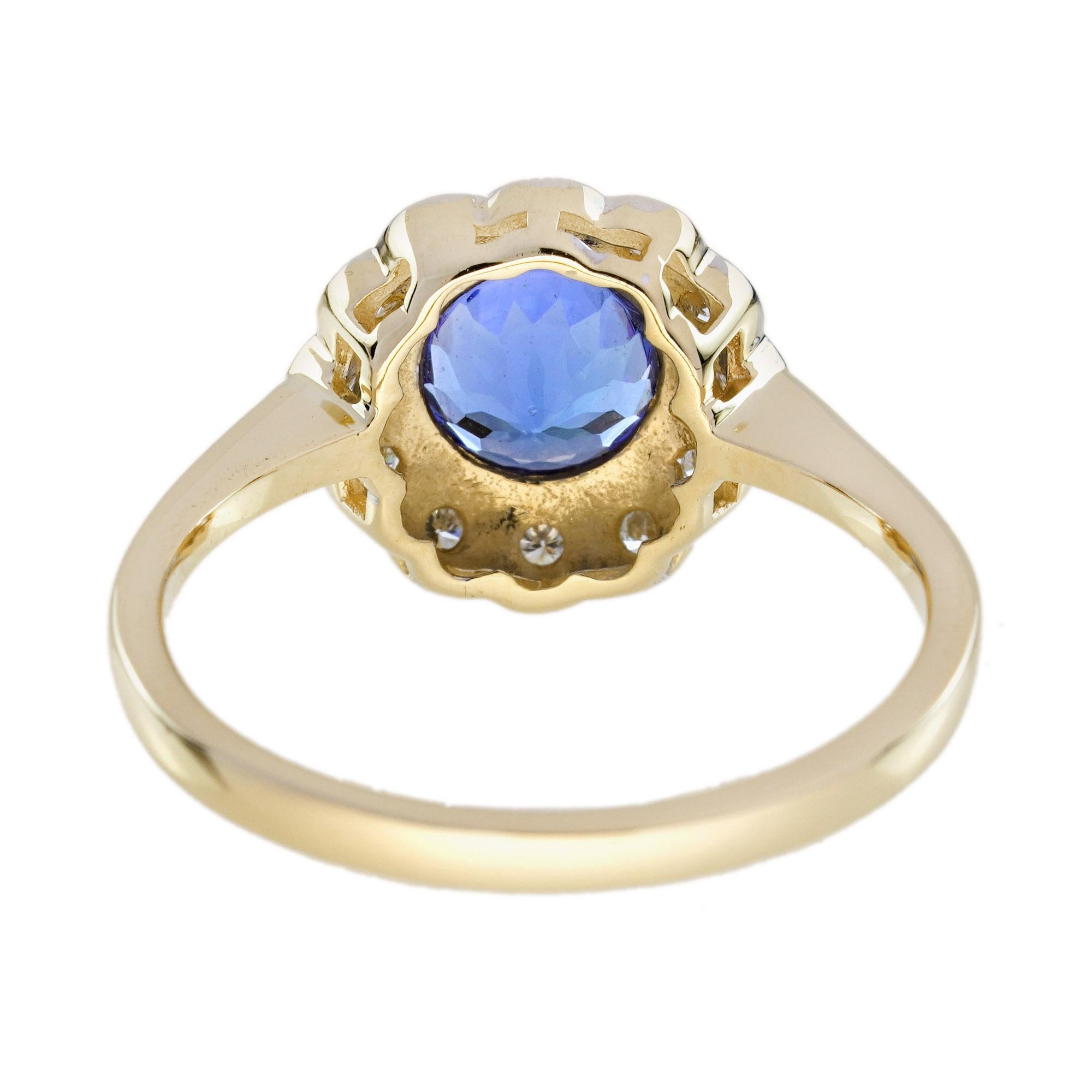 Tanzanite and Diamond Vintage Style Floral Ring in 14K Yellow Gold In New Condition For Sale In Bangkok, TH