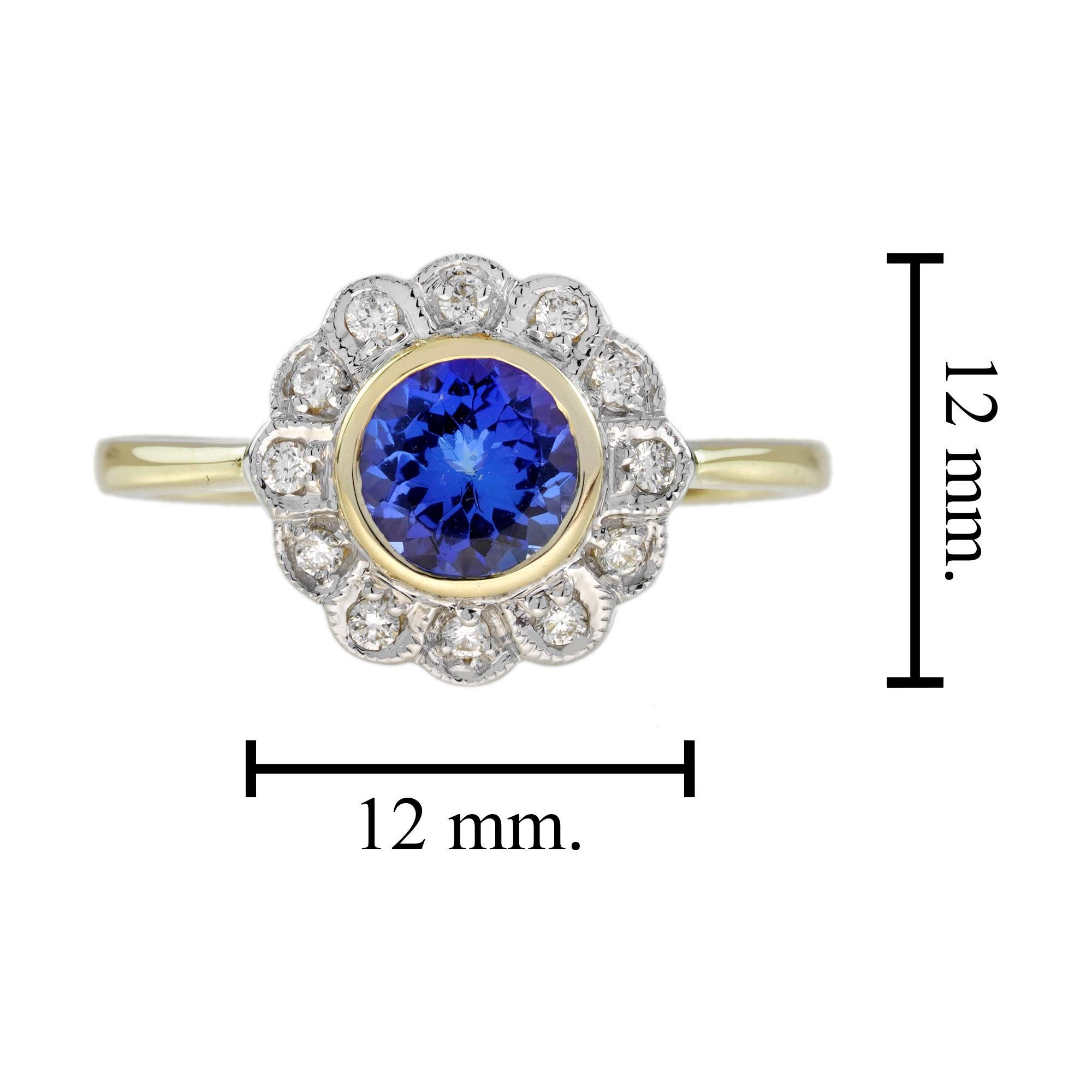 Tanzanite and Diamond Vintage Style Floral Ring in 14K Yellow Gold For Sale 1