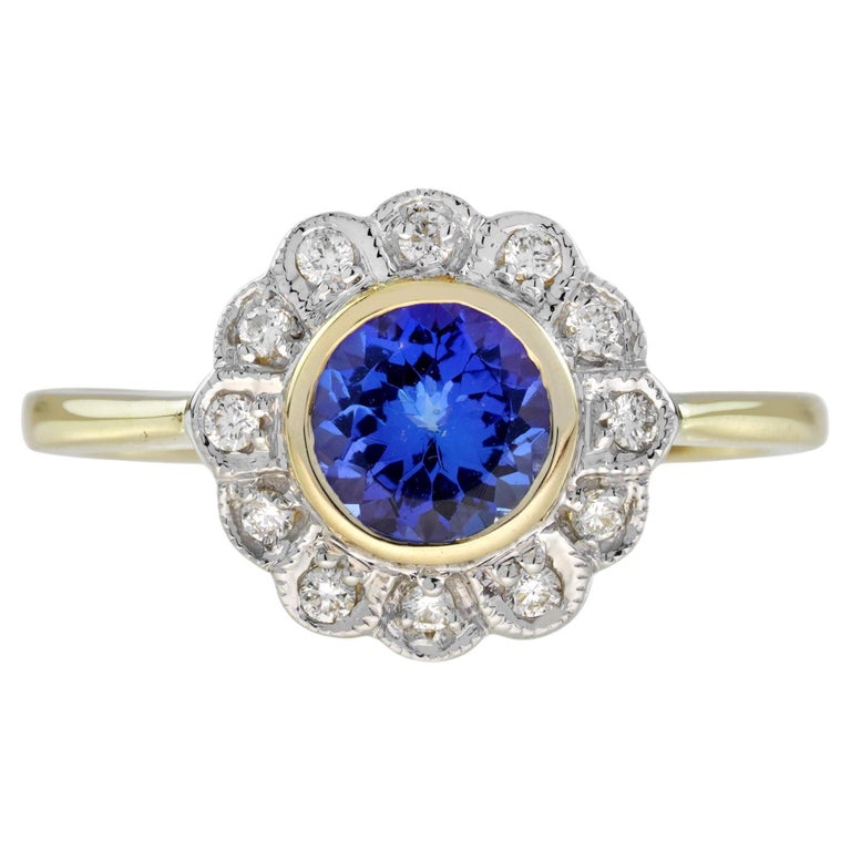Tanzanite and Diamond Vintage Style Floral Ring in 14K Yellow Gold