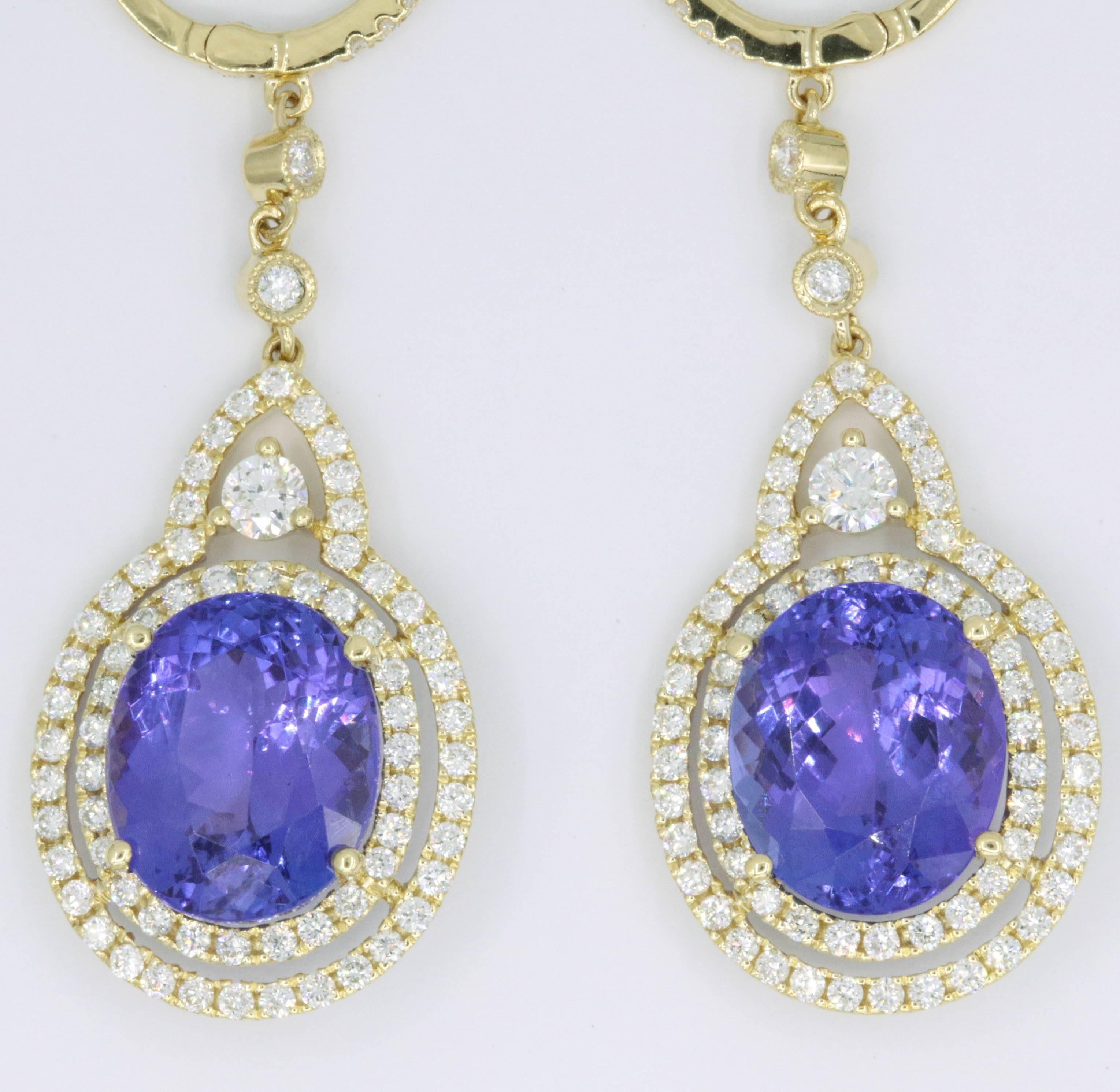 Oval Cut Tanzanite Diamond Dangle Earrings 13.13 Carats 18K Yellow Gold