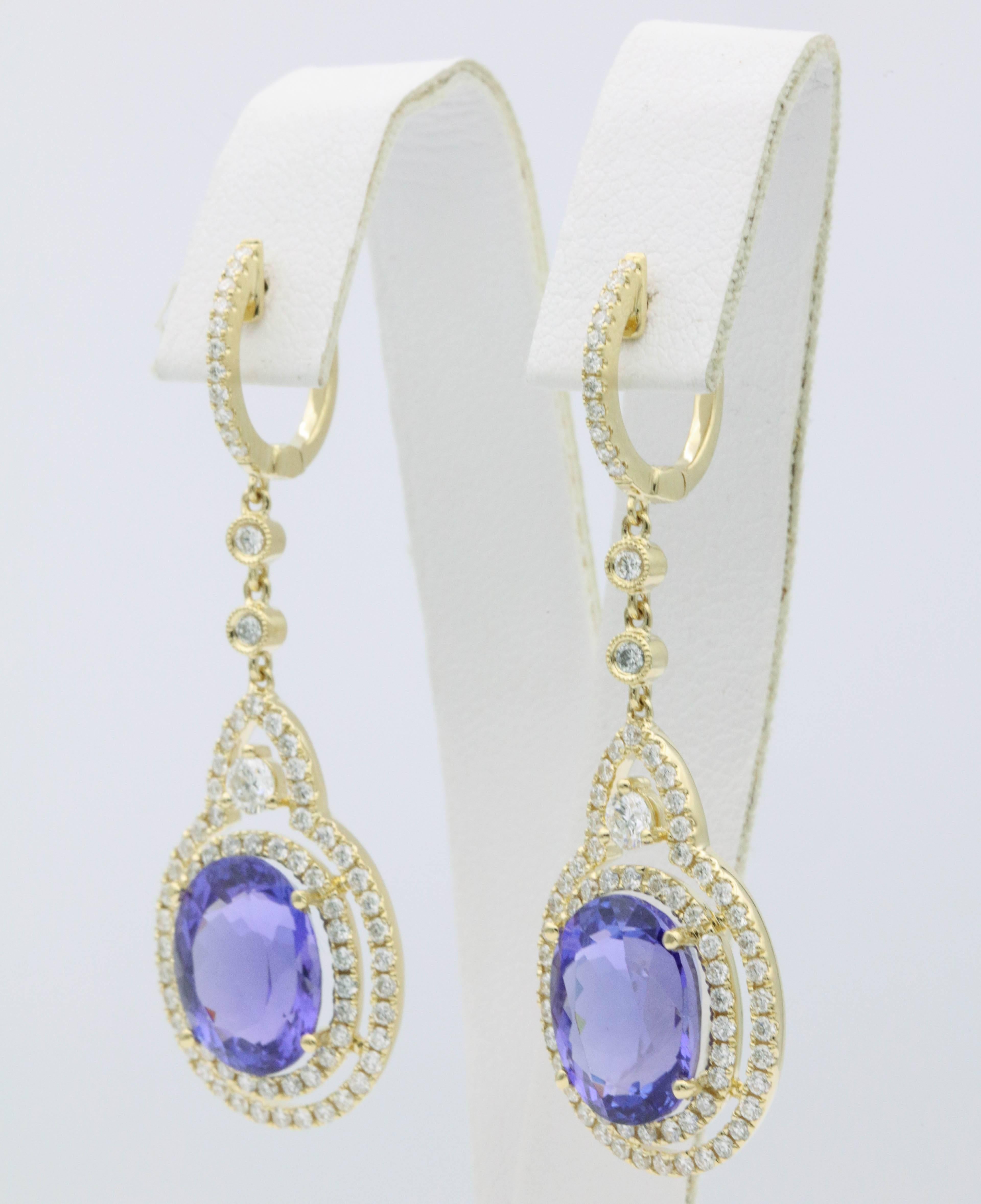 Women's Tanzanite Diamond Dangle Earrings 13.13 Carats 18K Yellow Gold
