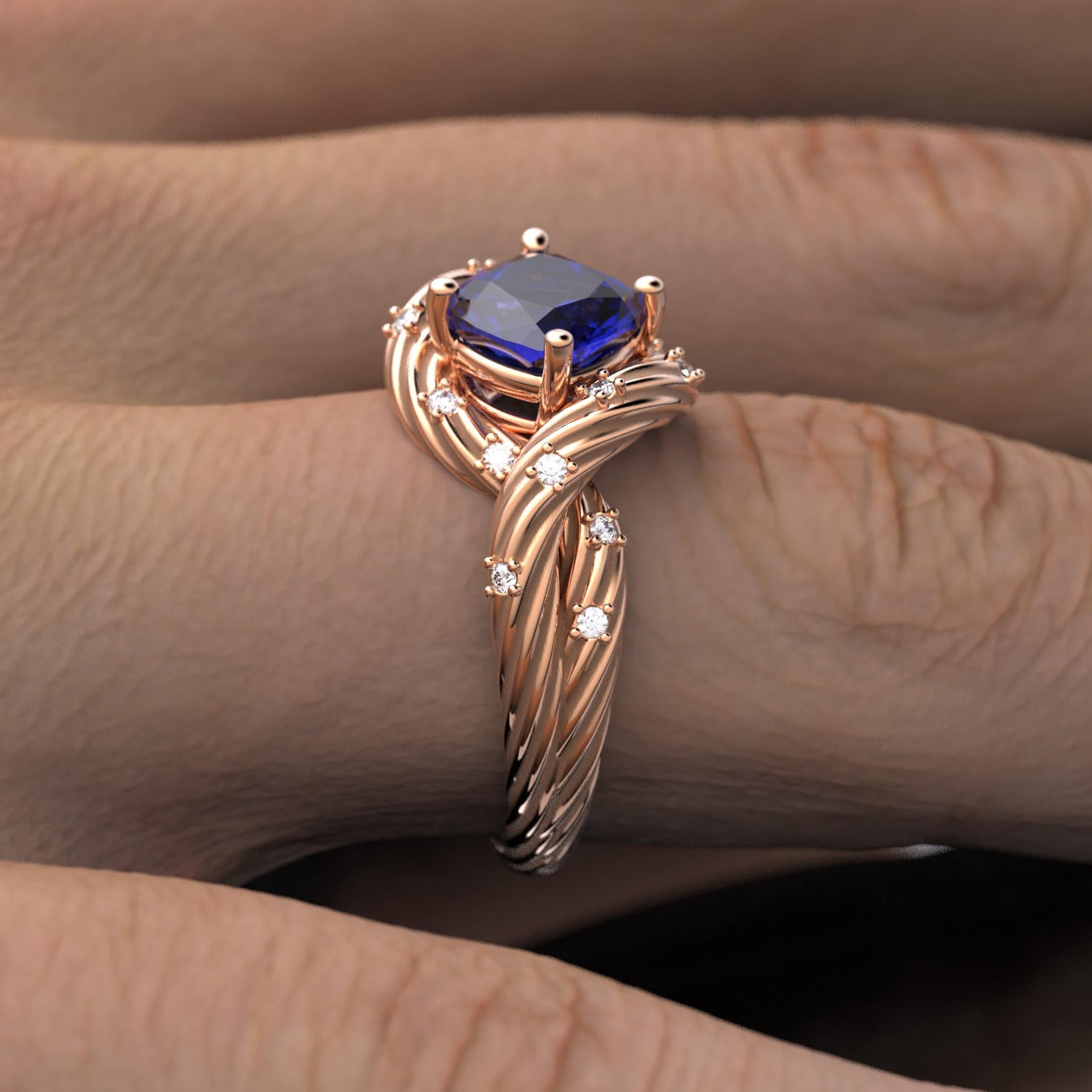 Im Angebot: Tansanit und Diamanten Ring aus massivem Gold 14k, italienischer feiner Schmuck, auf Bestellung gefertigt. () 12